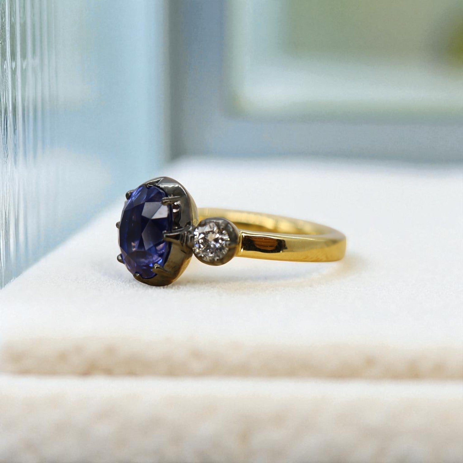 Unheated 3.70ct Ceylon Sapphire Georgian Inspired Three-Stone Ring | Petra Star - Petra Star