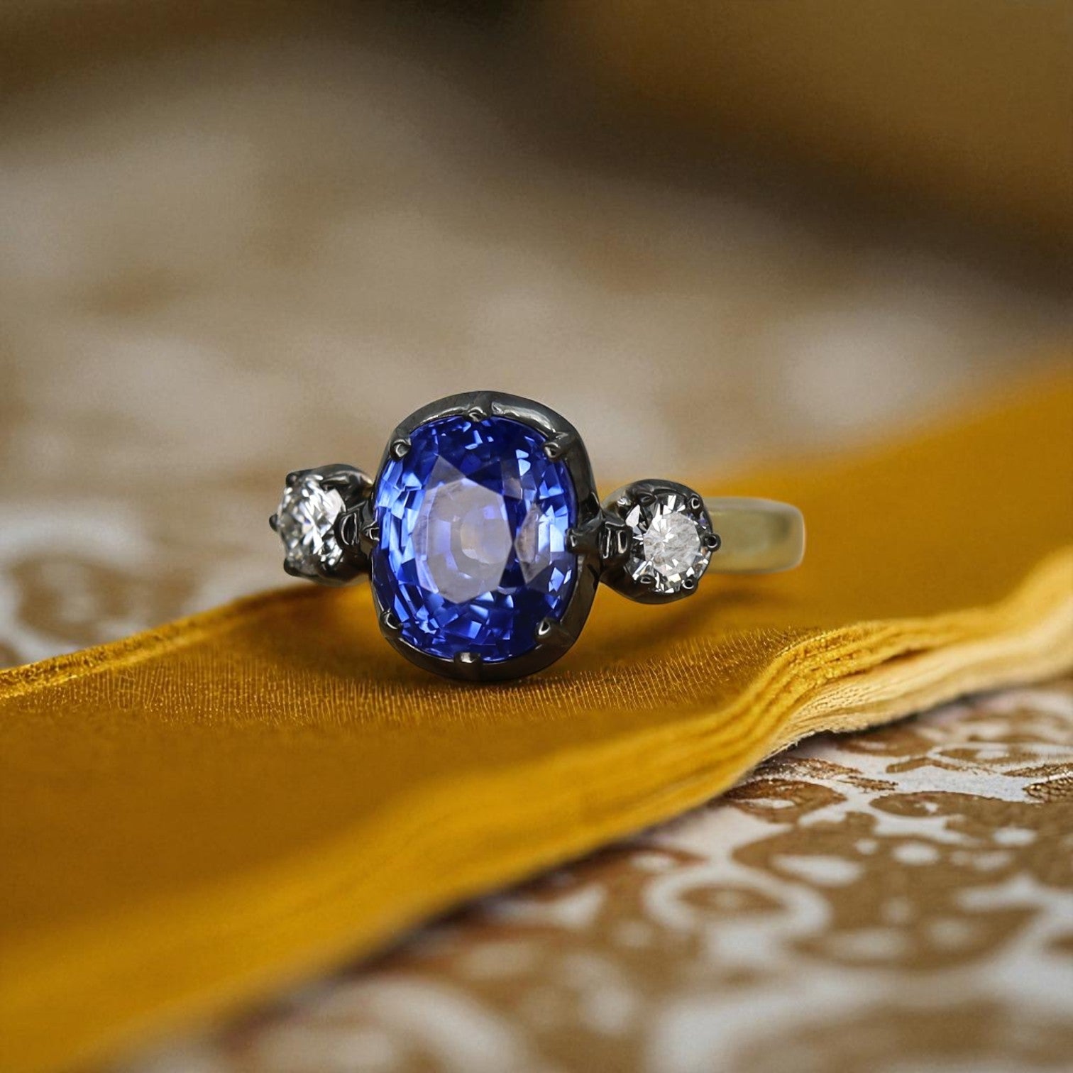 Unheated 3.70ct Ceylon Sapphire Georgian Inspired Three-Stone Ring | Petra Star - Petra Star