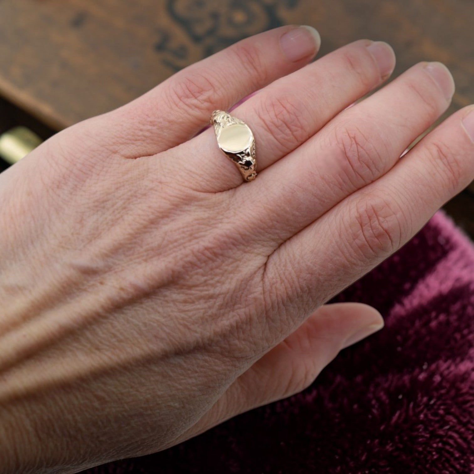 Art Nouveau Signet Ring – Customizable 10k Yellow Gold with Scrollwork Shoulders - Petra Star