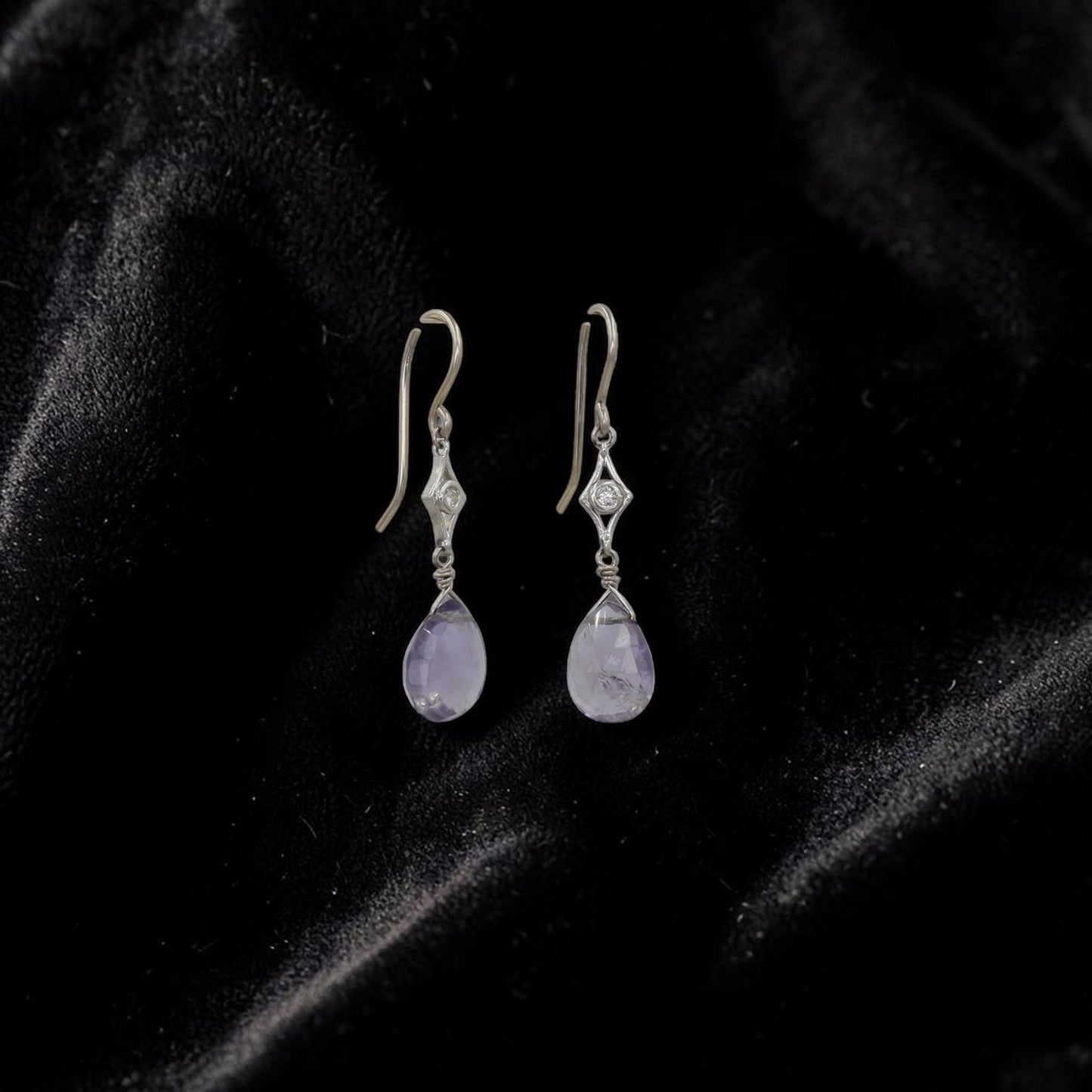 Upcycled Art Deco Diamond Chain Drop Earrings | 18K White Gold & Kyanite Briolette | Vintage Bridal | Petra Star - Petra Star