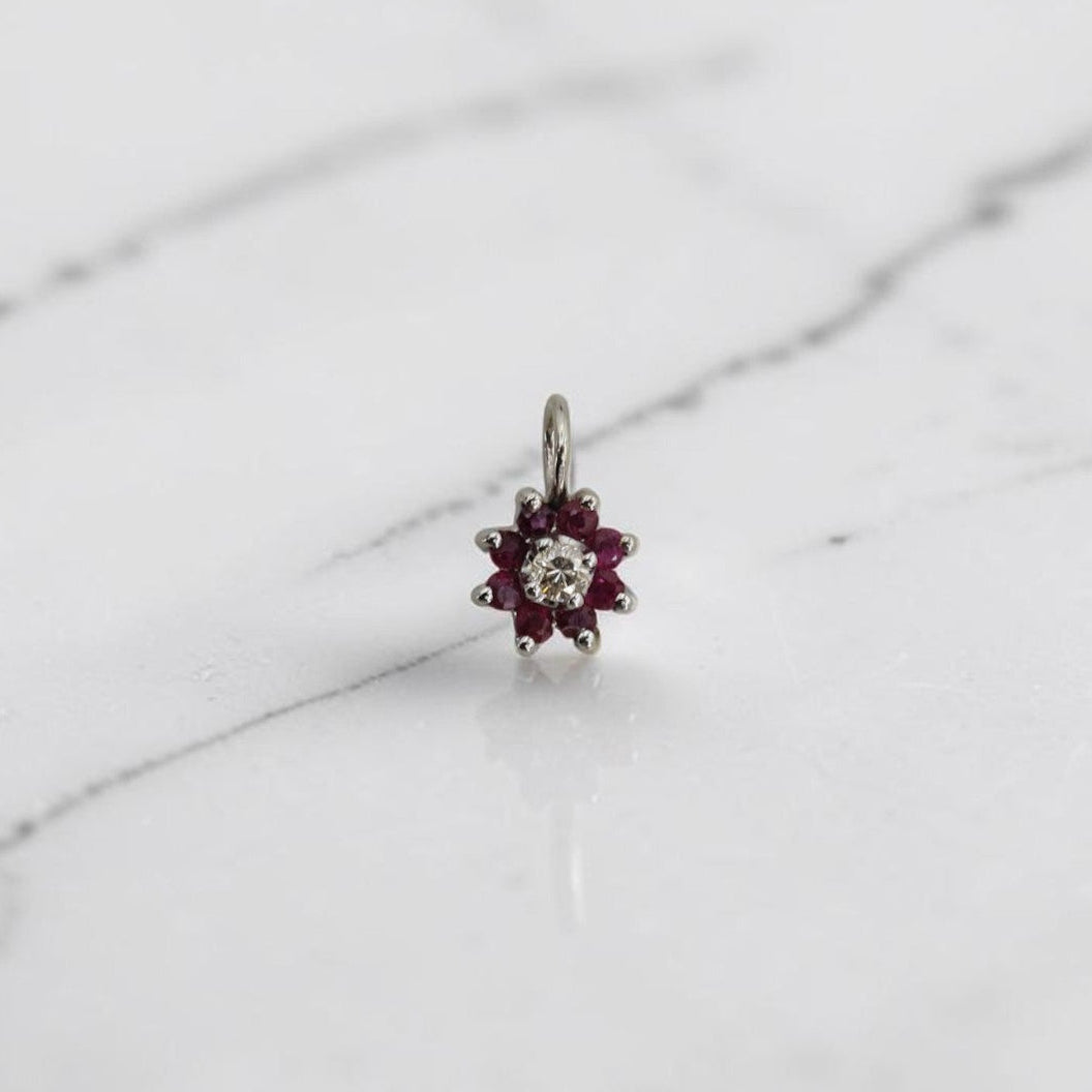 Vintage Ruby and Diamond Halo Charm in 14k White Gold, Converted Earring, Circa 1970s-80s