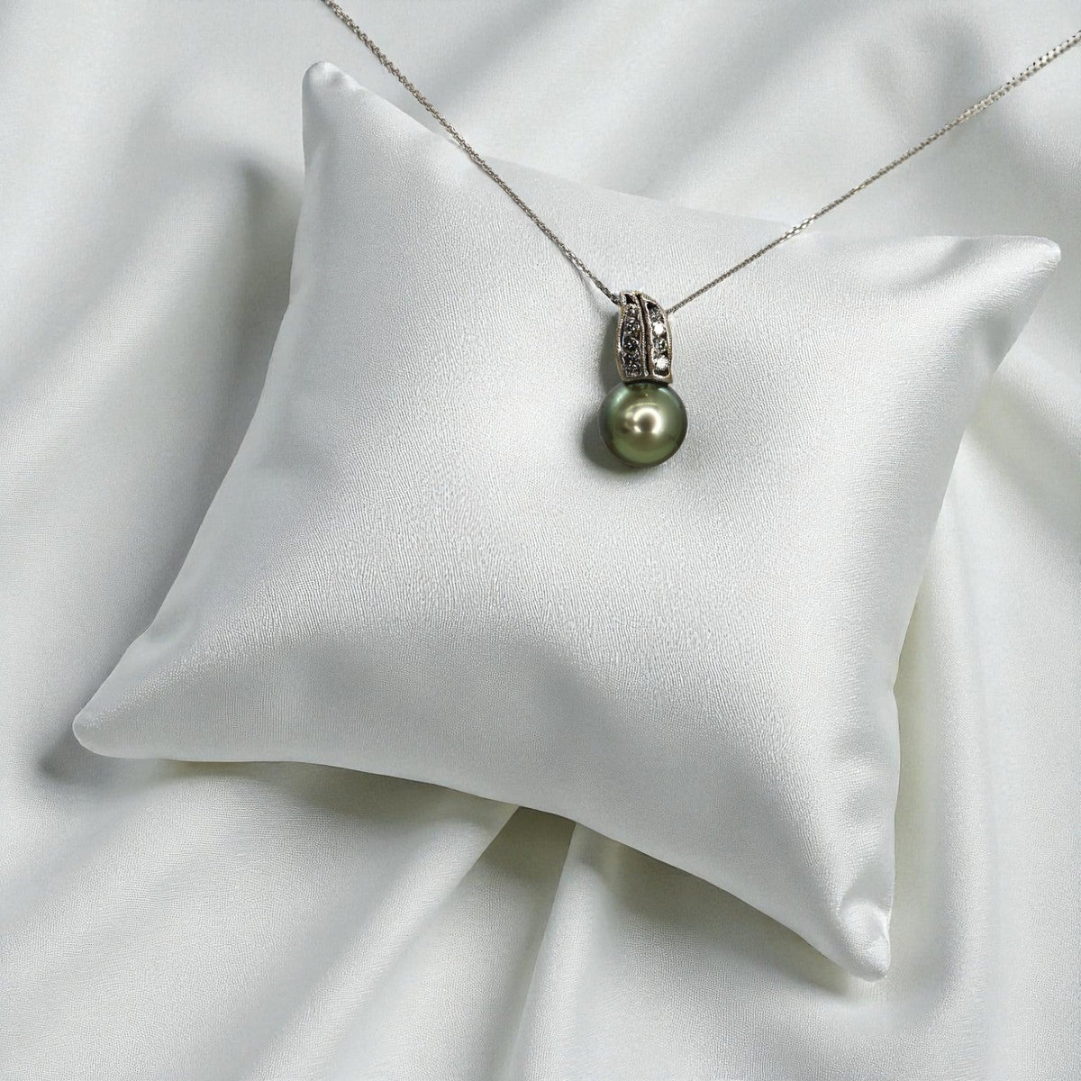 Upcycled Tahitian Pearl and Diamond Pendant Necklace – 14k White Gold Chain with Hidden Bail - Petra Star
