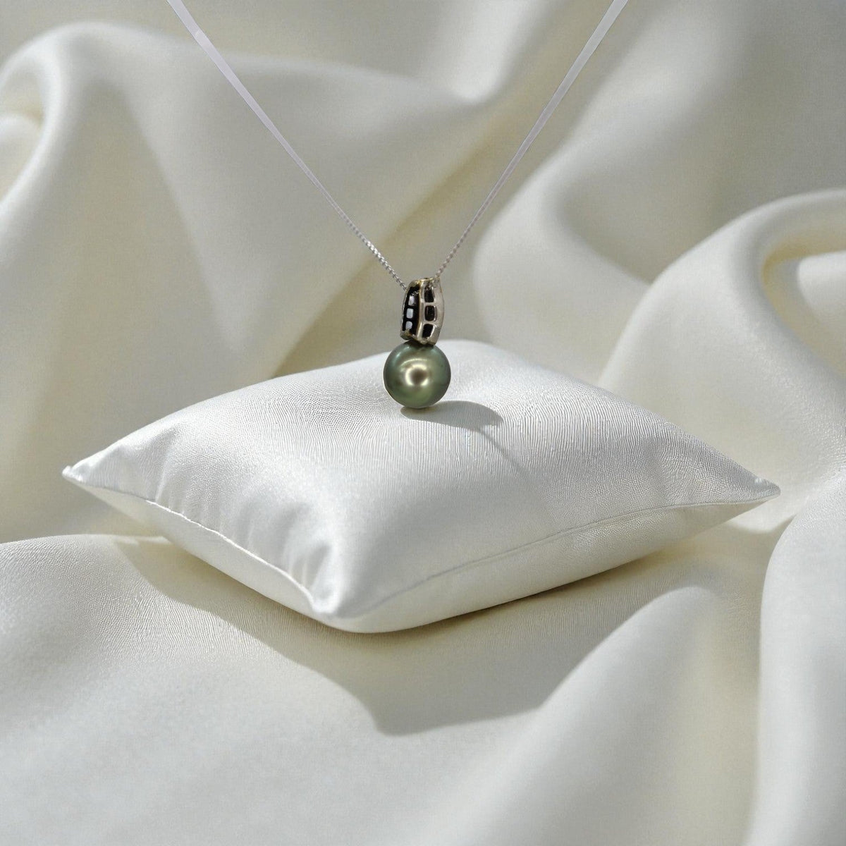 Upcycled Tahitian Pearl and Diamond Pendant Necklace – 14k White Gold Chain with Hidden Bail - Petra Star