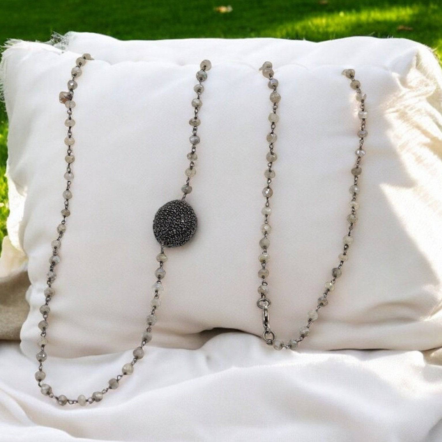 Versatile Layer Necklace in Blackened Silver with Labradorite & Black Diamond Pavé - Petra Star