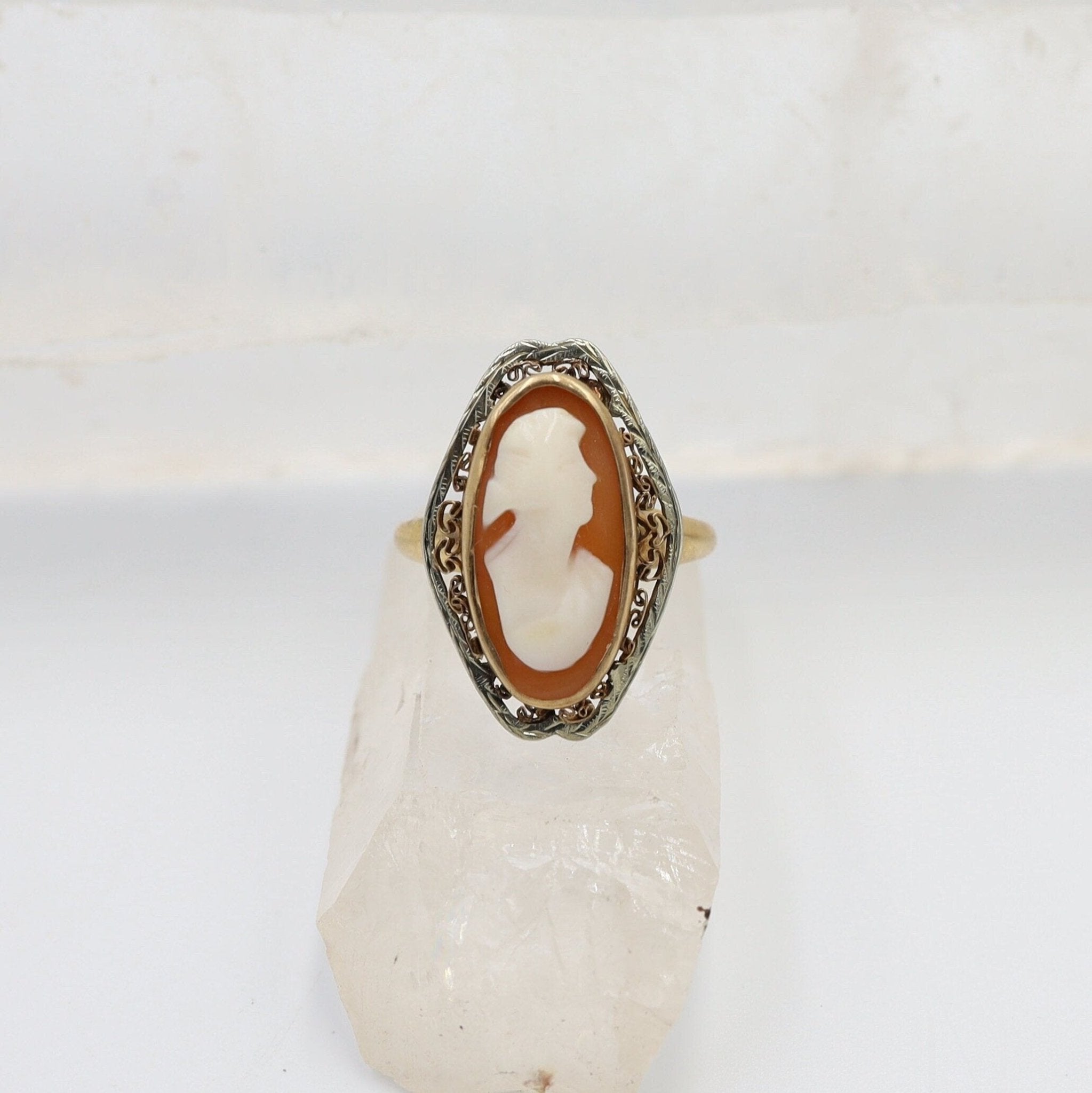 Victorian 10k Gold Shell Cameo Ring with Cannetille Detailing - Petra Star