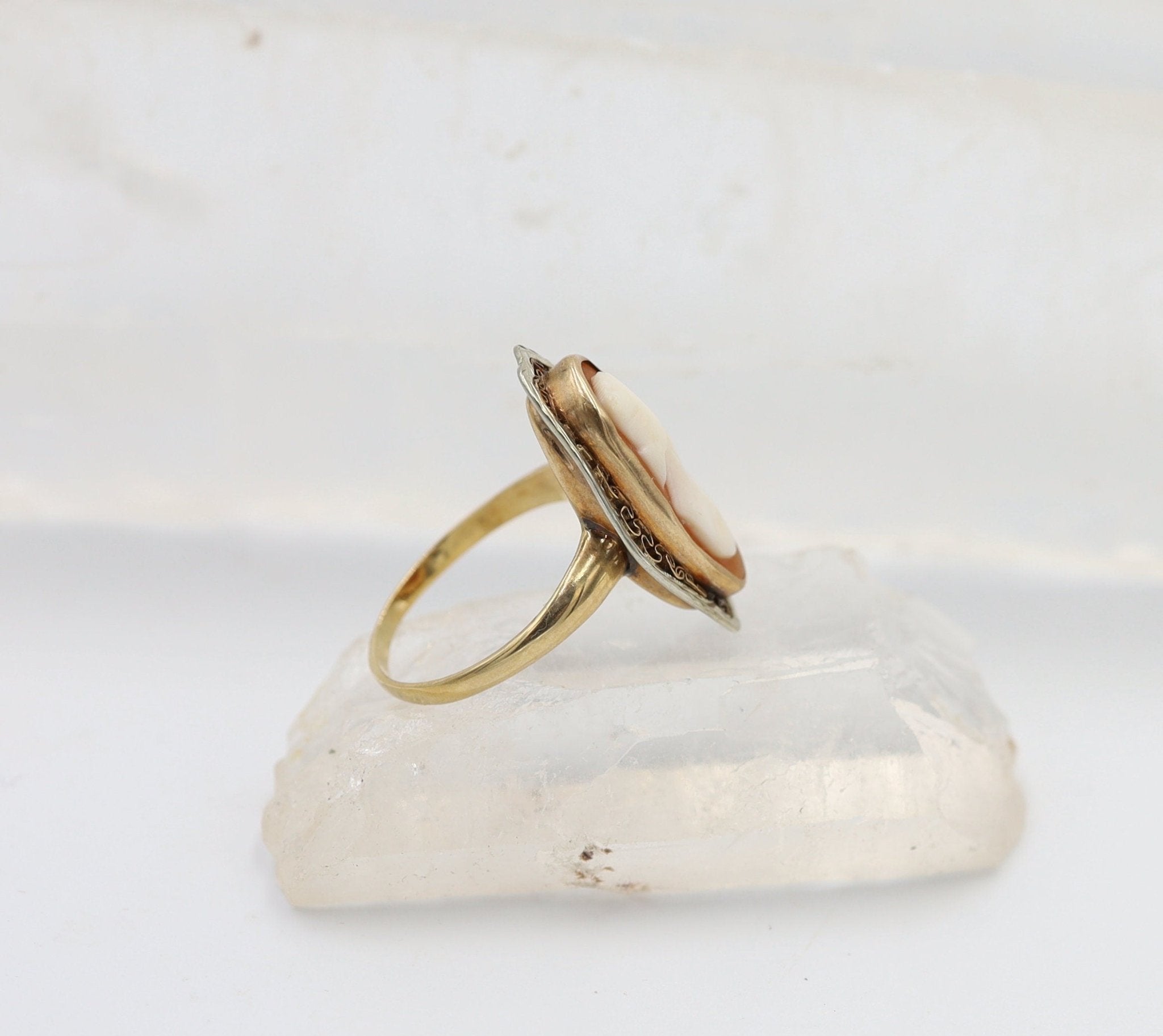 Victorian 10k Gold Shell Cameo Ring with Cannetille Detailing - Petra Star