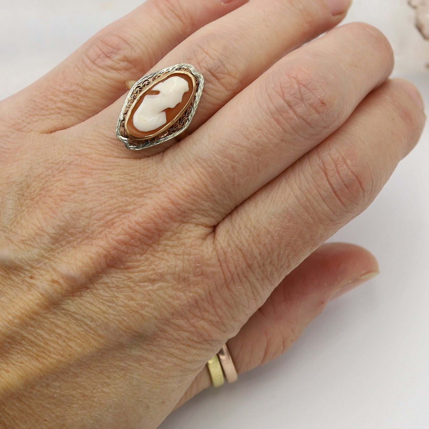 Victorian 10k Gold Shell Cameo Ring with Cannetille Detailing - Petra Star