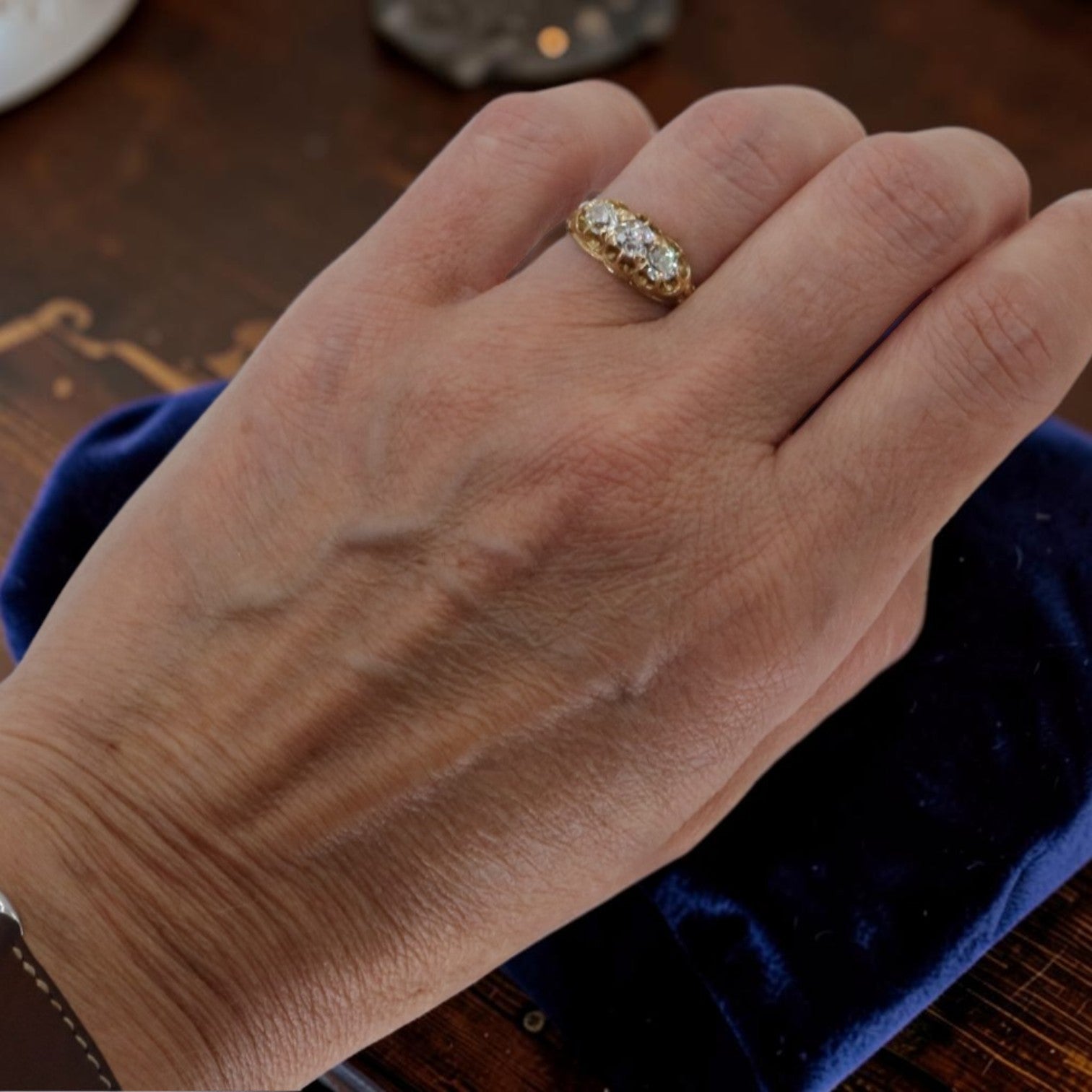 Antique Victorian 3 stone diamond ring with 0.93ct old mine cut diamonds, 18K gold band, engraved date 1868, gypsy set trilogy.