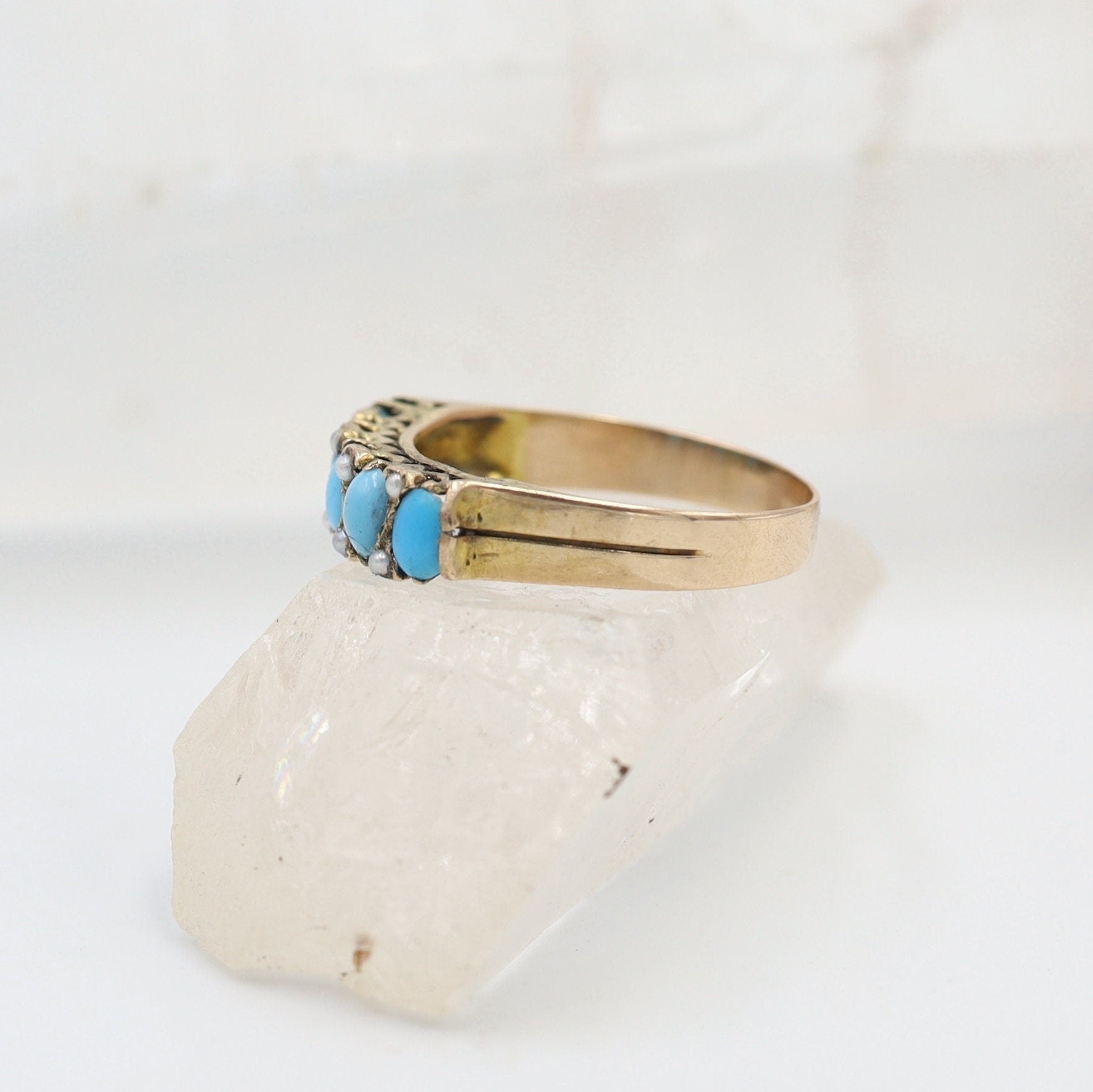 Victorian Half-Hoop Turquoise Band in 14k Rose Gold with Pearls - Petra Star