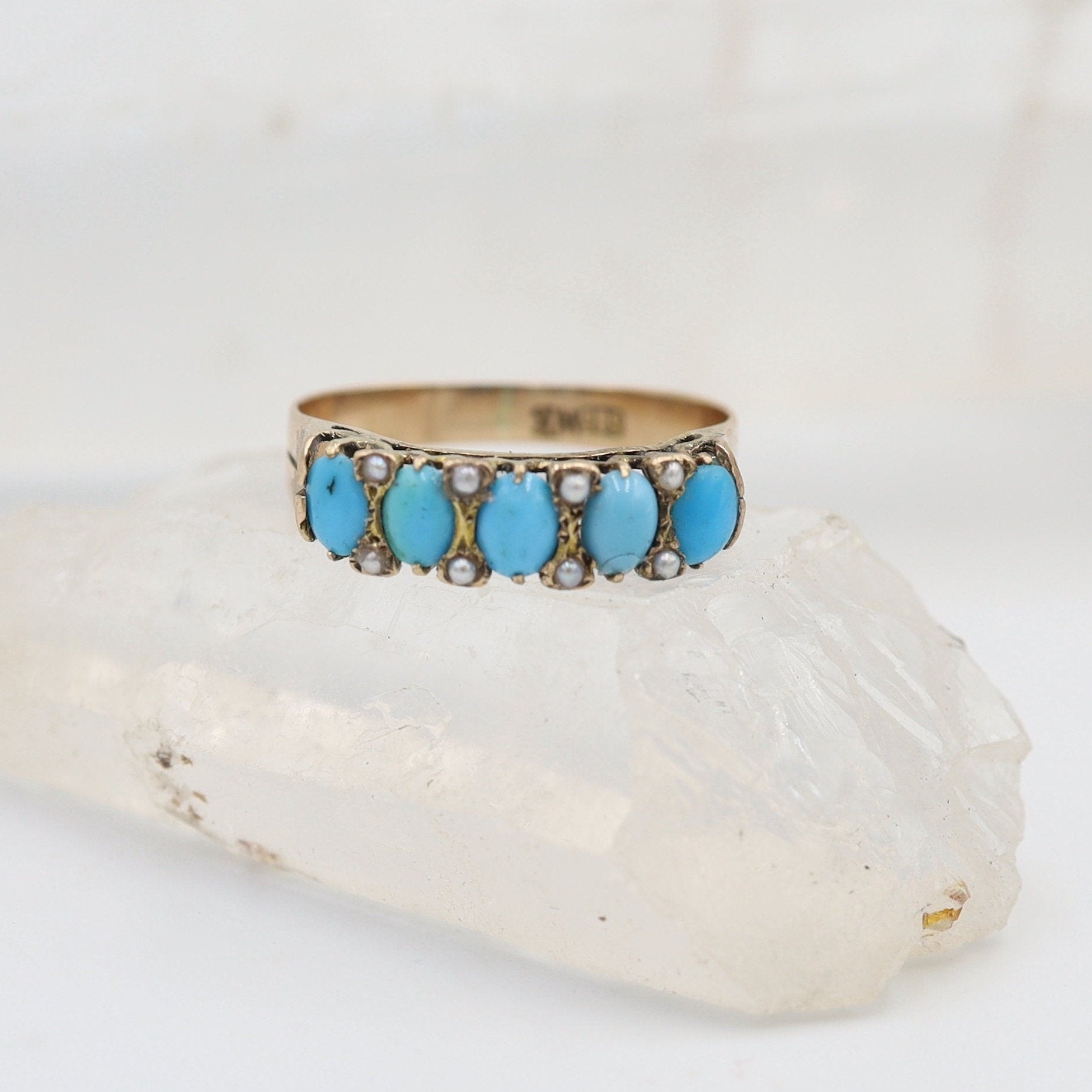 Victorian Half-Hoop Turquoise Band in 14k Rose Gold with Pearls - Petra Star