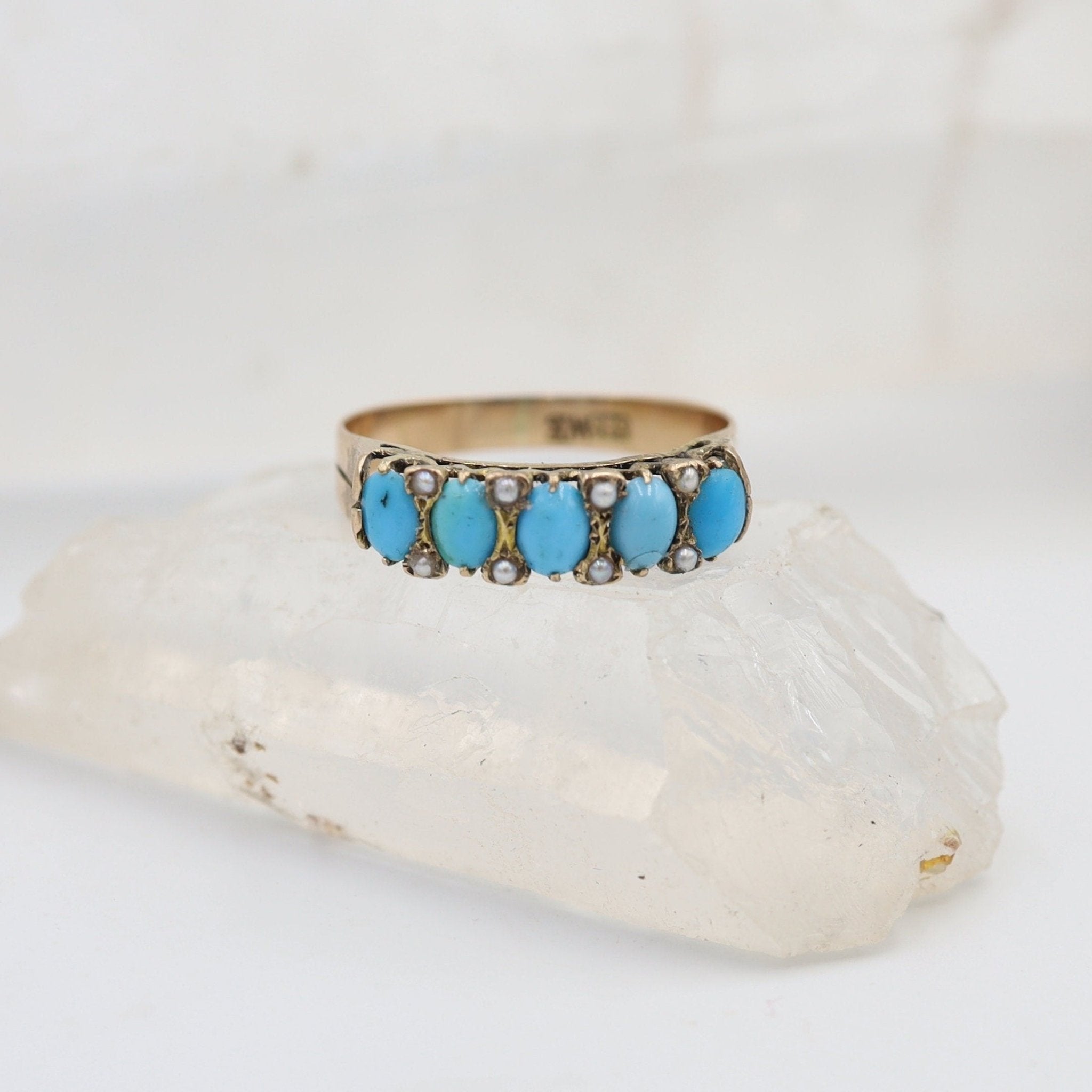 Victorian Half-Hoop Turquoise Band in 14k Rose Gold with Pearls - Petra Star