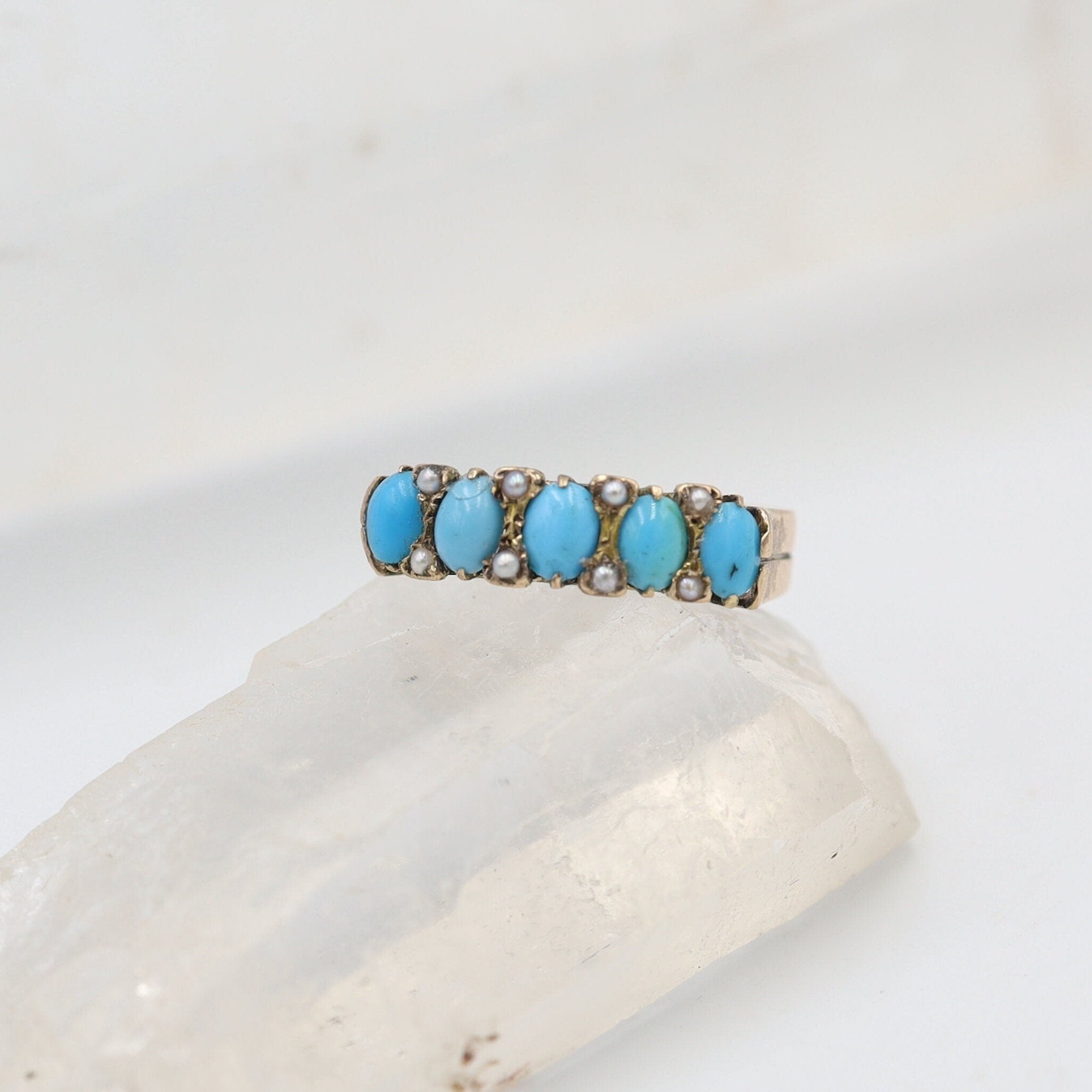 Victorian Half-Hoop Turquoise Band in 14k Rose Gold with Pearls - Petra Star