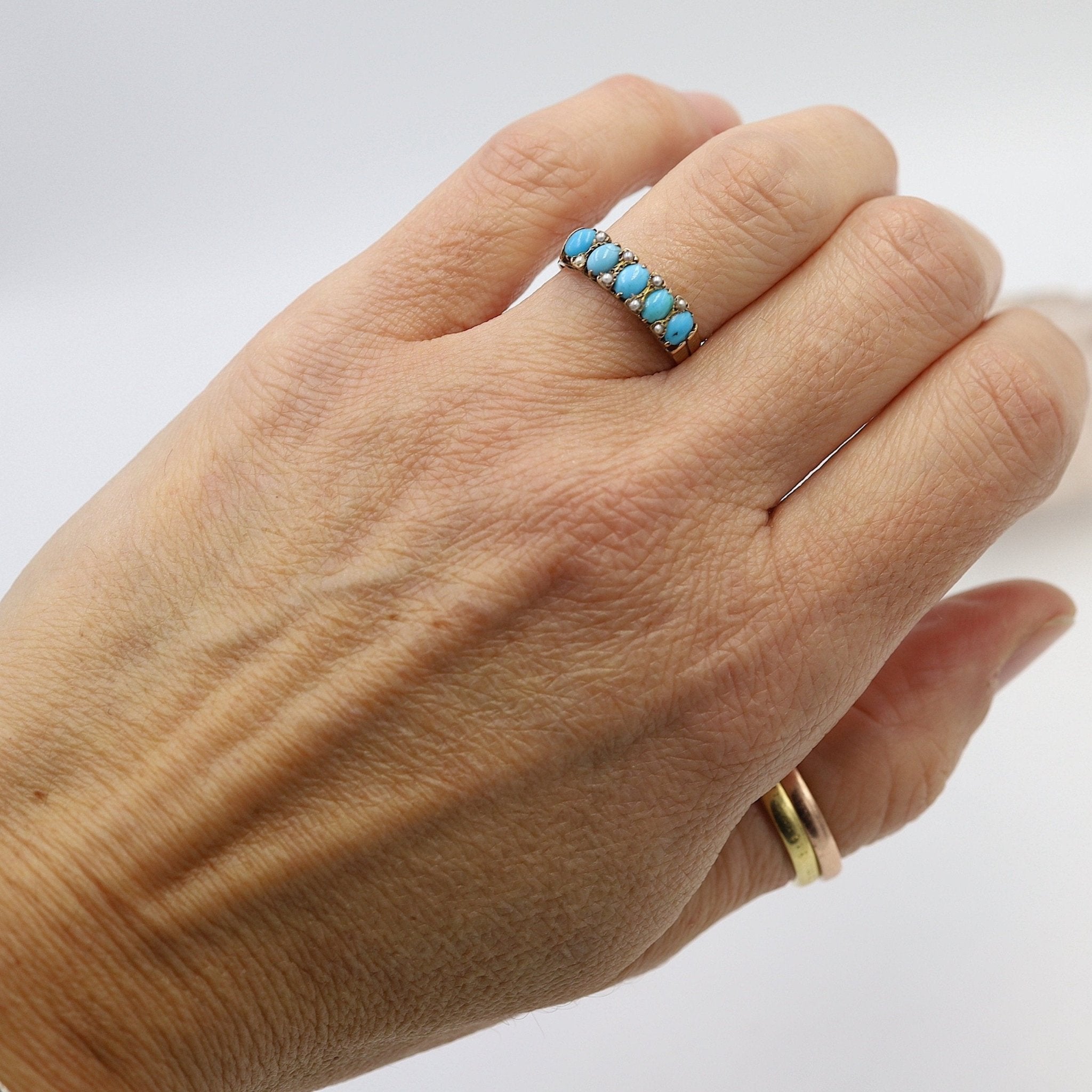 Victorian Half-Hoop Turquoise Band in 14k Rose Gold with Pearls - Petra Star