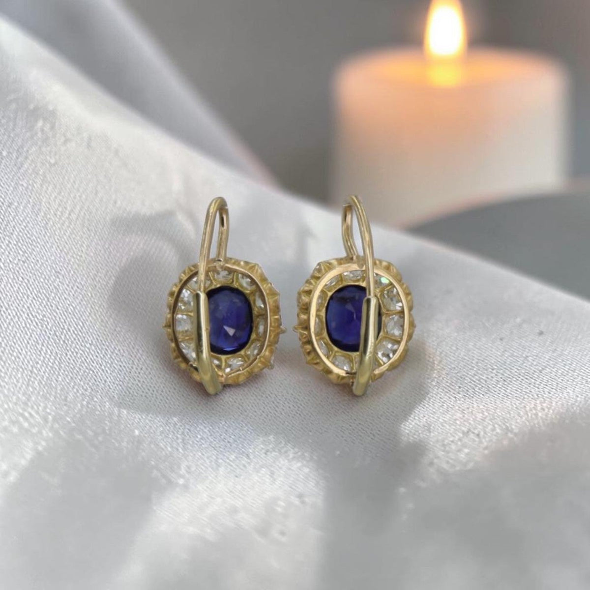 Victorian-Inspired 14K Yellow Gold Sapphire & Diamond Halo Drop Earrings — Antique Gemstones, Princess Diana Design - Petra Star