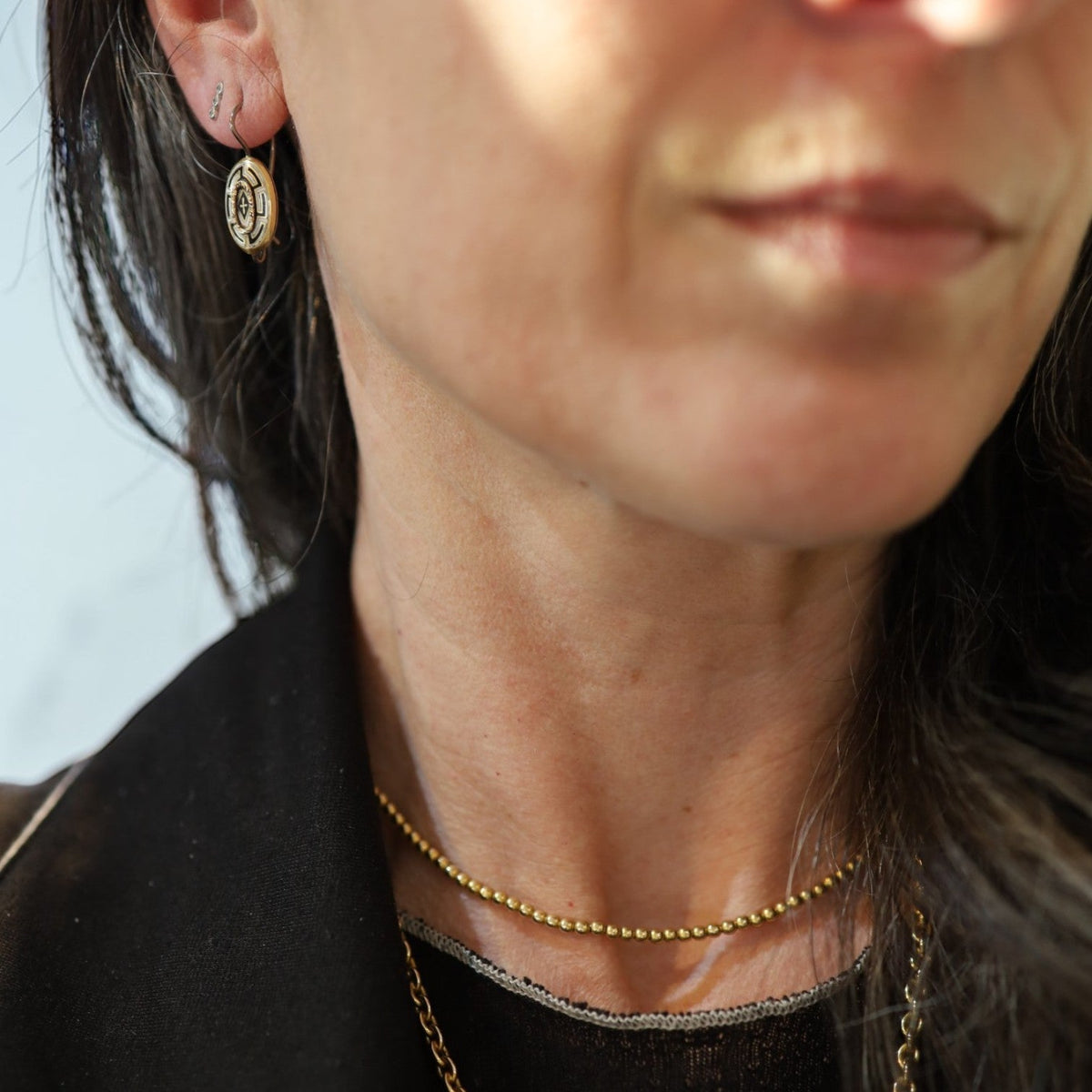 Victorian Mourning Greek Key Drop Earrings – Enamel Cross & 14k Yellow Gold - Petra Star