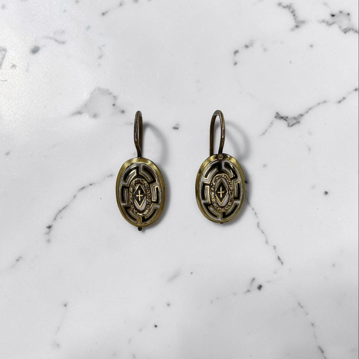 Victorian Mourning Greek Key Drop Earrings – Enamel Cross & 14k Yellow Gold - Petra Star
