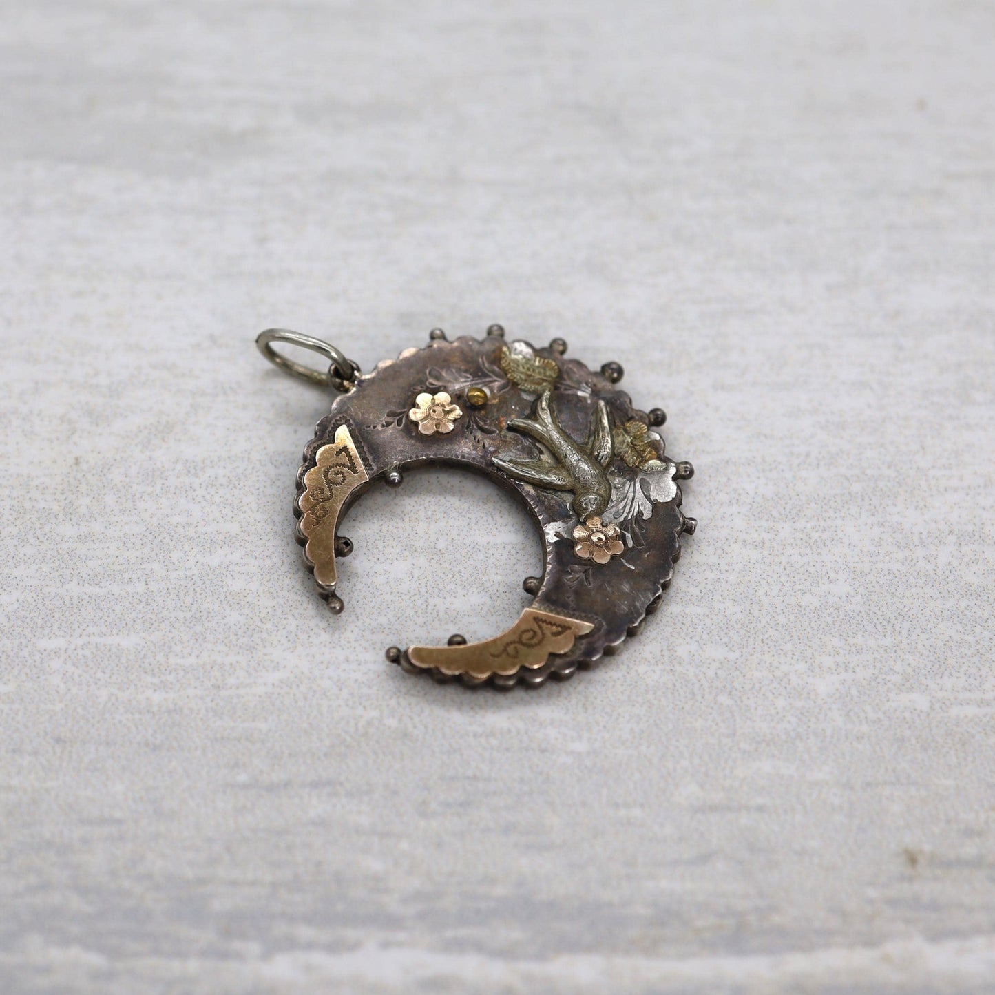 Large Victorian Niello Crescent Moon and Swallow Pendant - JL1765 - Petra Star