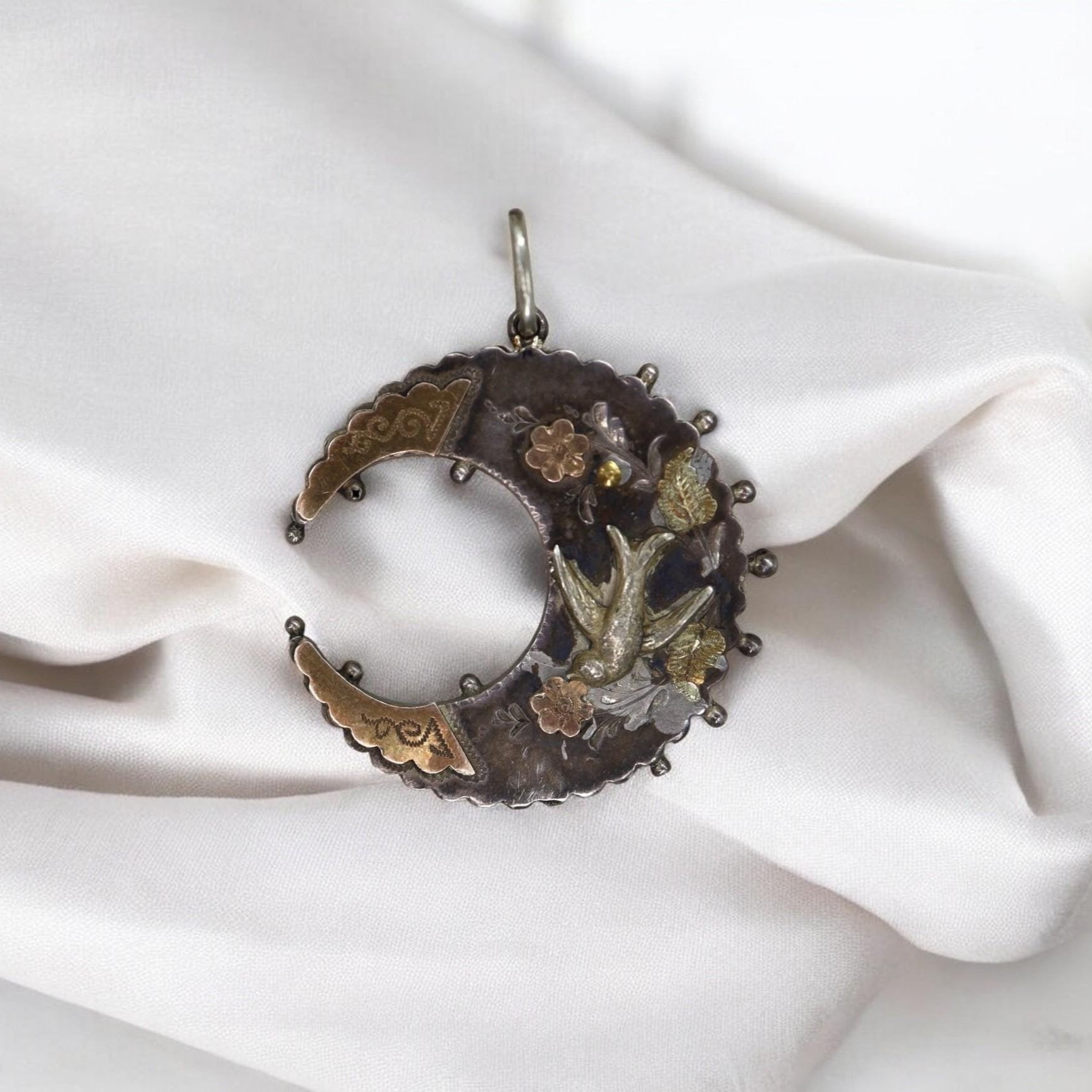 Victorian Niello Sterling Silver Crescent Moon & Swallow Pendant | Rose & Green Gold | Hallmarked P&Co | Circa 1890 | Vintage Vault | Petra Star - Petra Star
