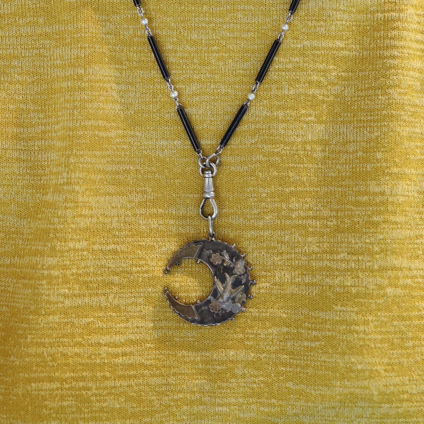 Victorian Niello Sterling Silver Crescent Moon & Swallow Pendant | Rose & Green Gold | Hallmarked P&Co | Circa 1890 | Vintage Vault | Petra Star - Petra Star