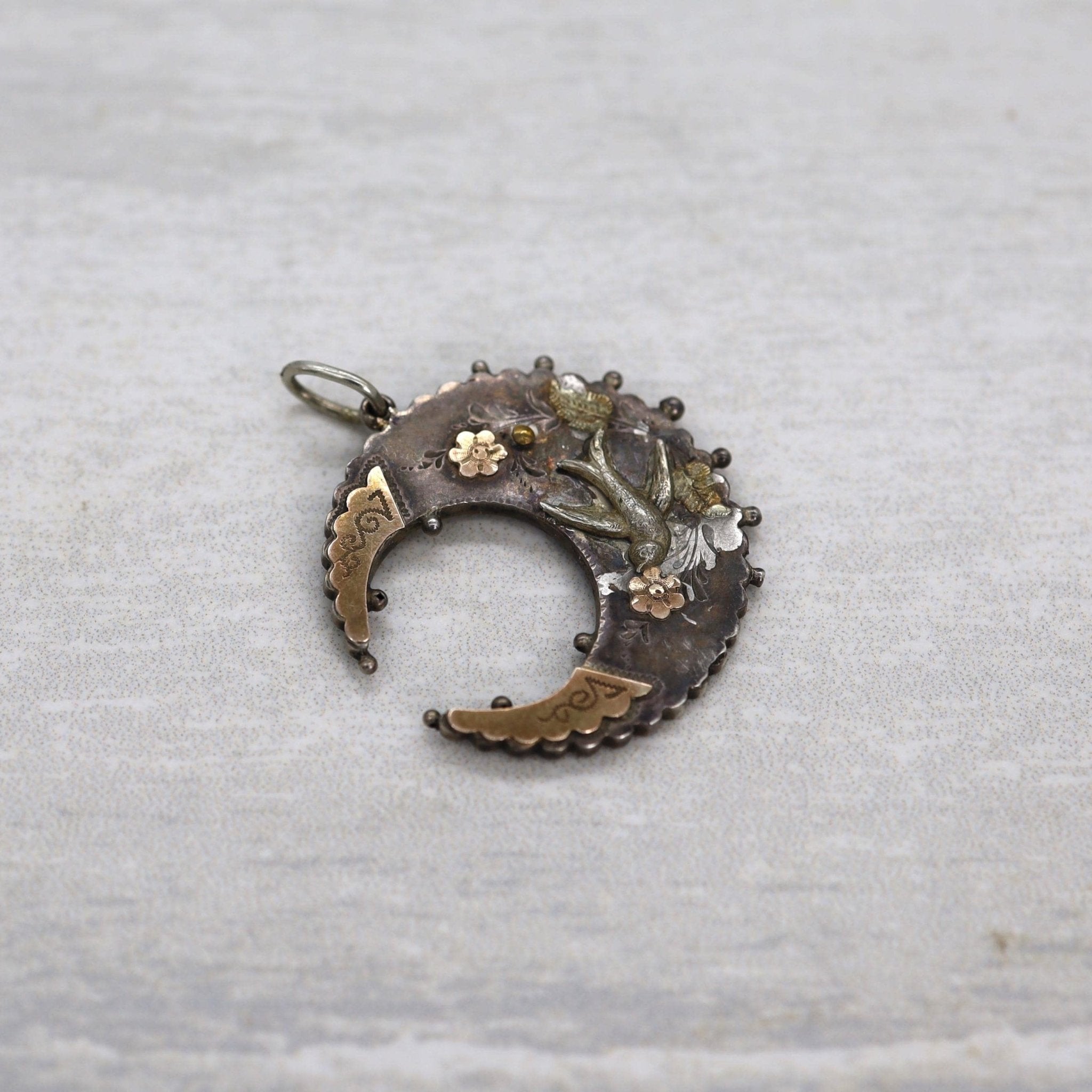 Victorian Niello Sterling Silver Crescent Moon & Swallow Pendant | Rose & Green Gold | Hallmarked P&Co | Circa 1890 | Vintage Vault | Petra Star - Petra Star