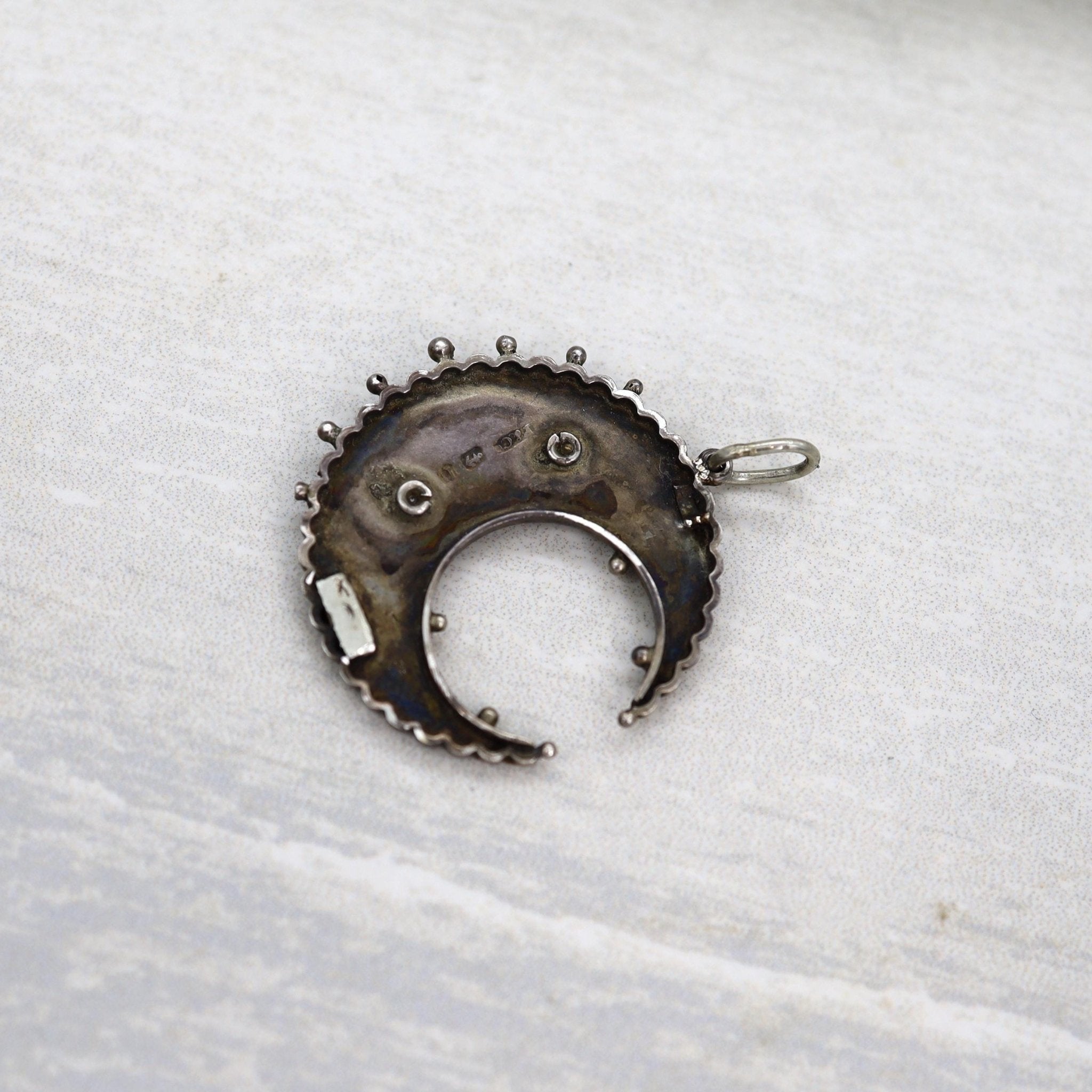 Victorian Niello Sterling Silver Crescent Moon & Swallow Pendant | Rose & Green Gold | Hallmarked P&Co | Circa 1890 | Vintage Vault | Petra Star - Petra Star