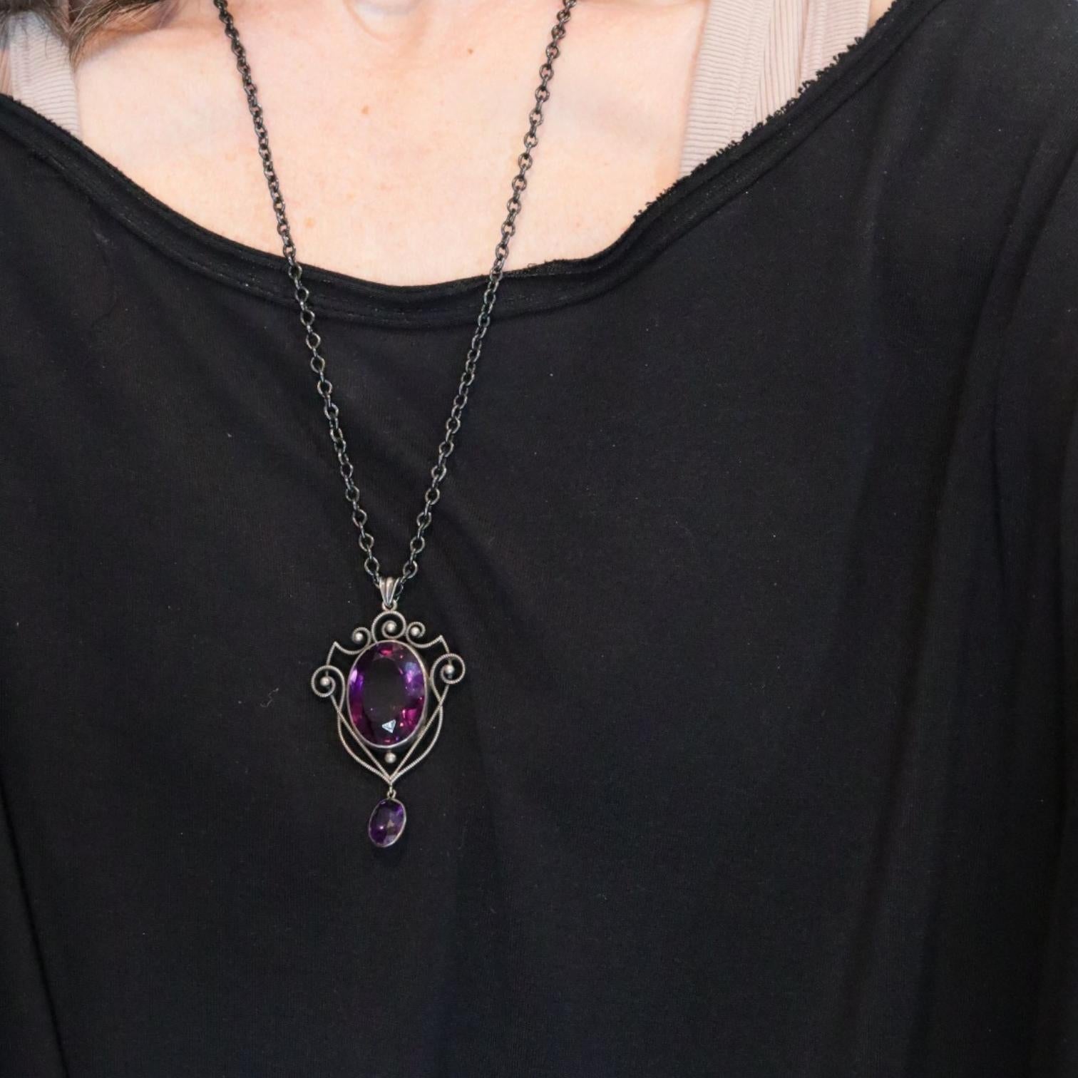 Victorian Oval-Cut Amethyst Necklace with Silver Scrollwork - 30 Carats Total - Petra Star