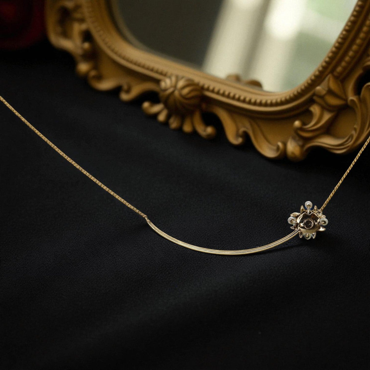 Victorian Pearl & Garnet Charm Holder Necklace – Converted 14k Gold Stickpin, Snowflake Design - Petra Star