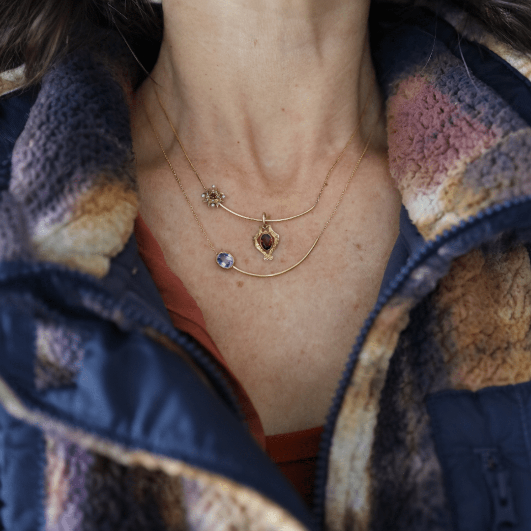 Victorian Pearl & Garnet Charm Holder Necklace – Converted 14k Gold Stickpin, Snowflake Design - Petra Star