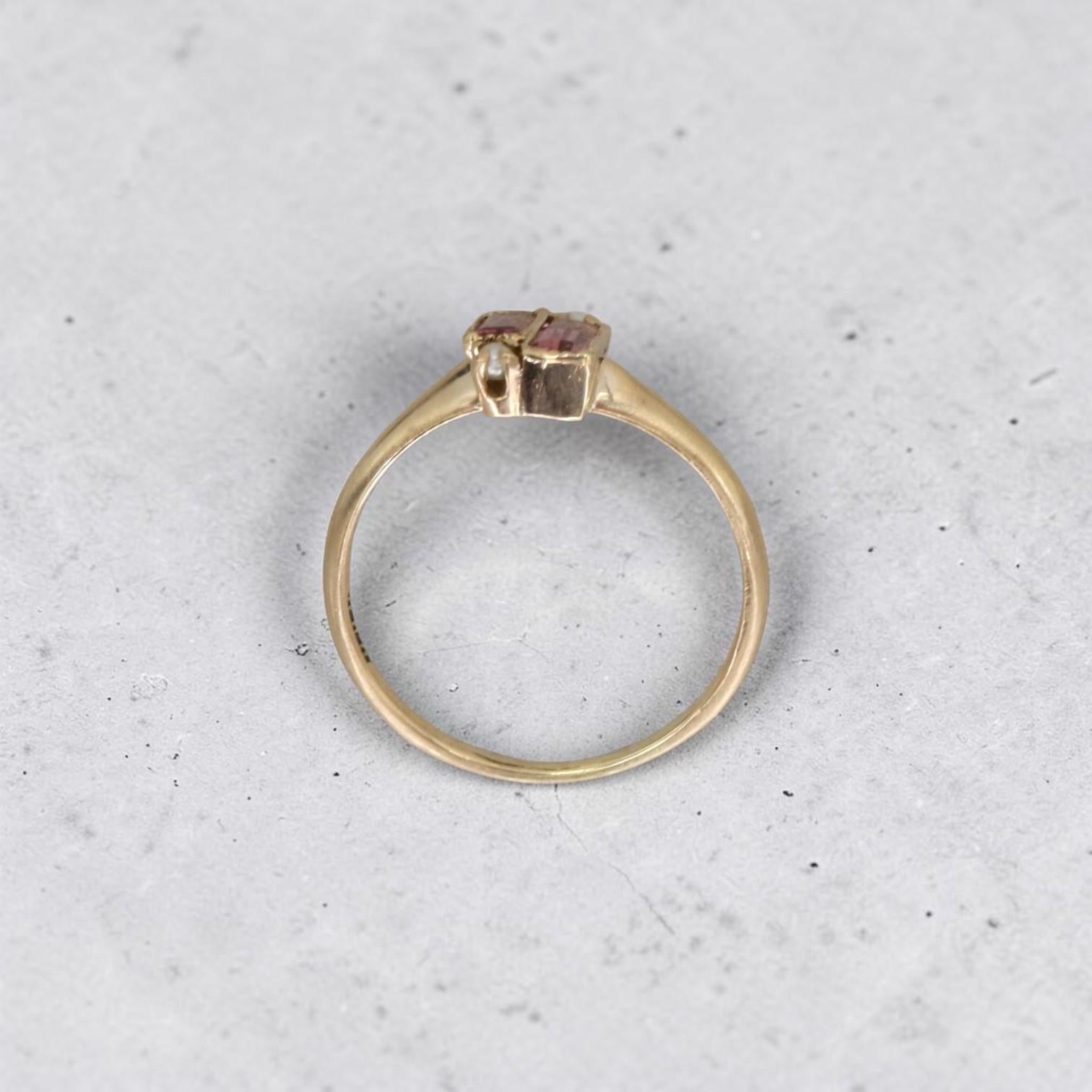 Victorian Pink Tourmaline & Pearl Ring | 10k Gold, 0.53ctw Emerald Cut - Petra Star