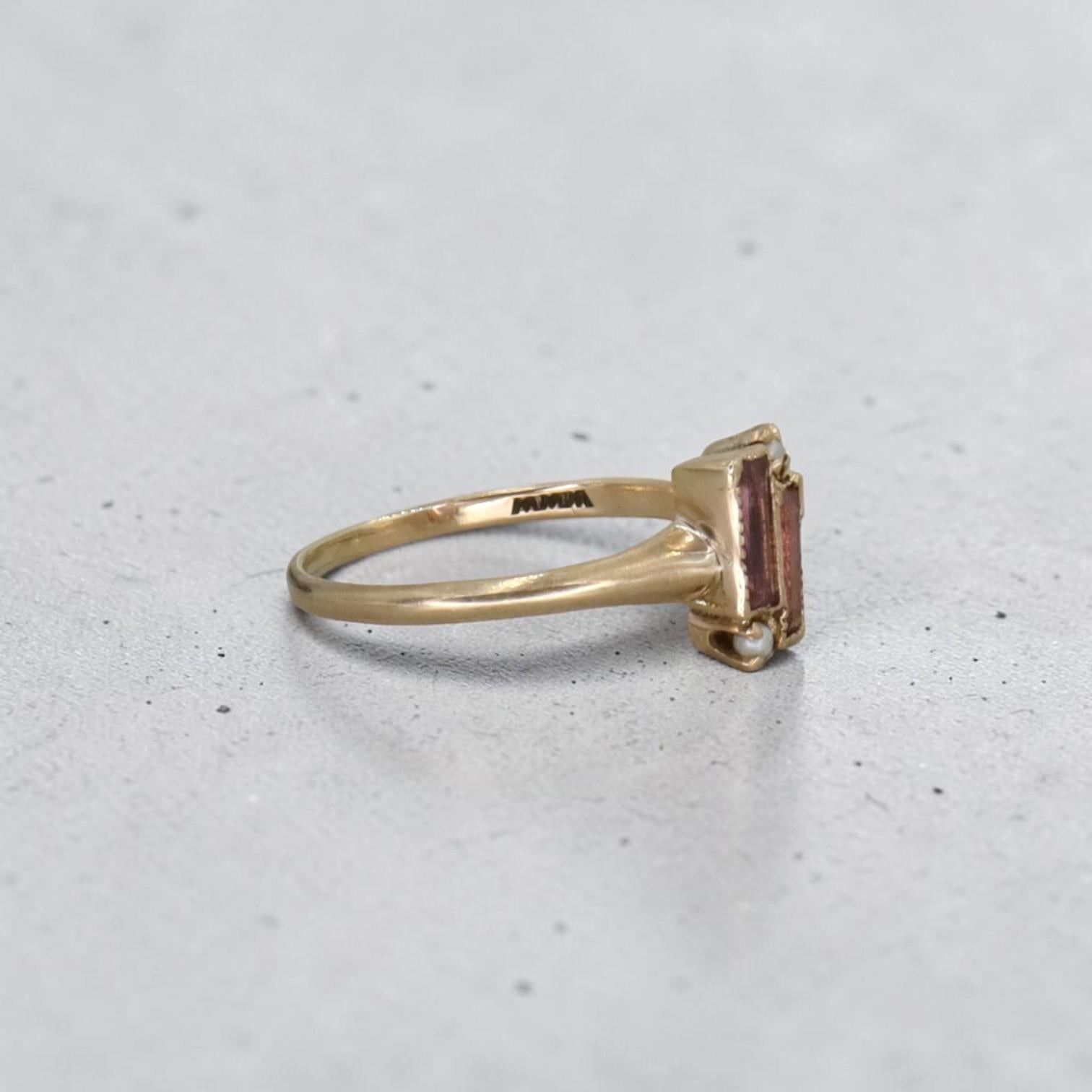 Victorian Pink Tourmaline & Pearl Ring | 10k Gold, 0.53ctw Emerald Cut - Petra Star