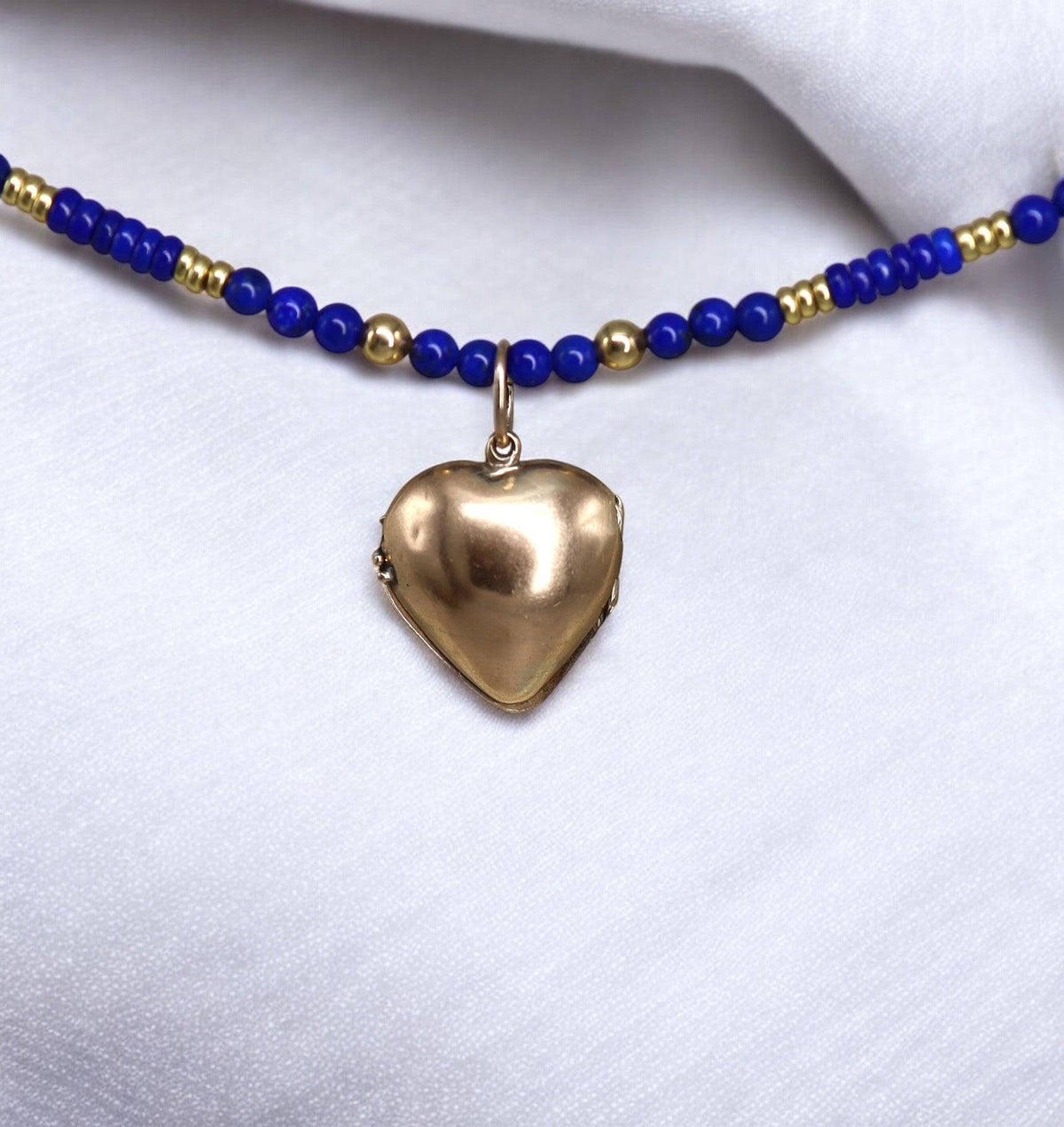 Victorian Puffy Heart Locket with Lapis 10K Pink Gold Beads - Petra Star
