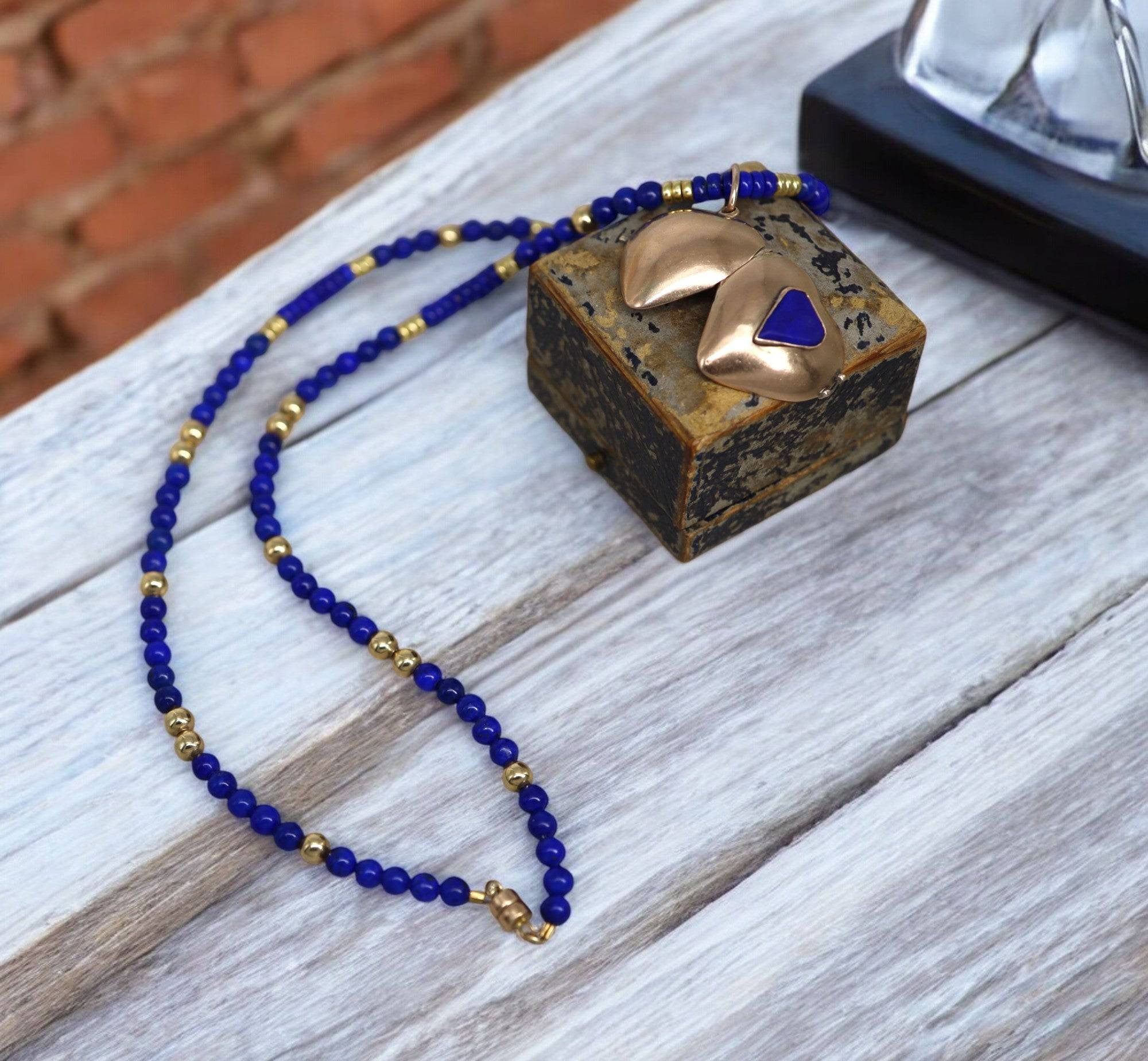 Victorian Puffy Heart Locket with Lapis 10K Pink Gold Beads - Petra Star