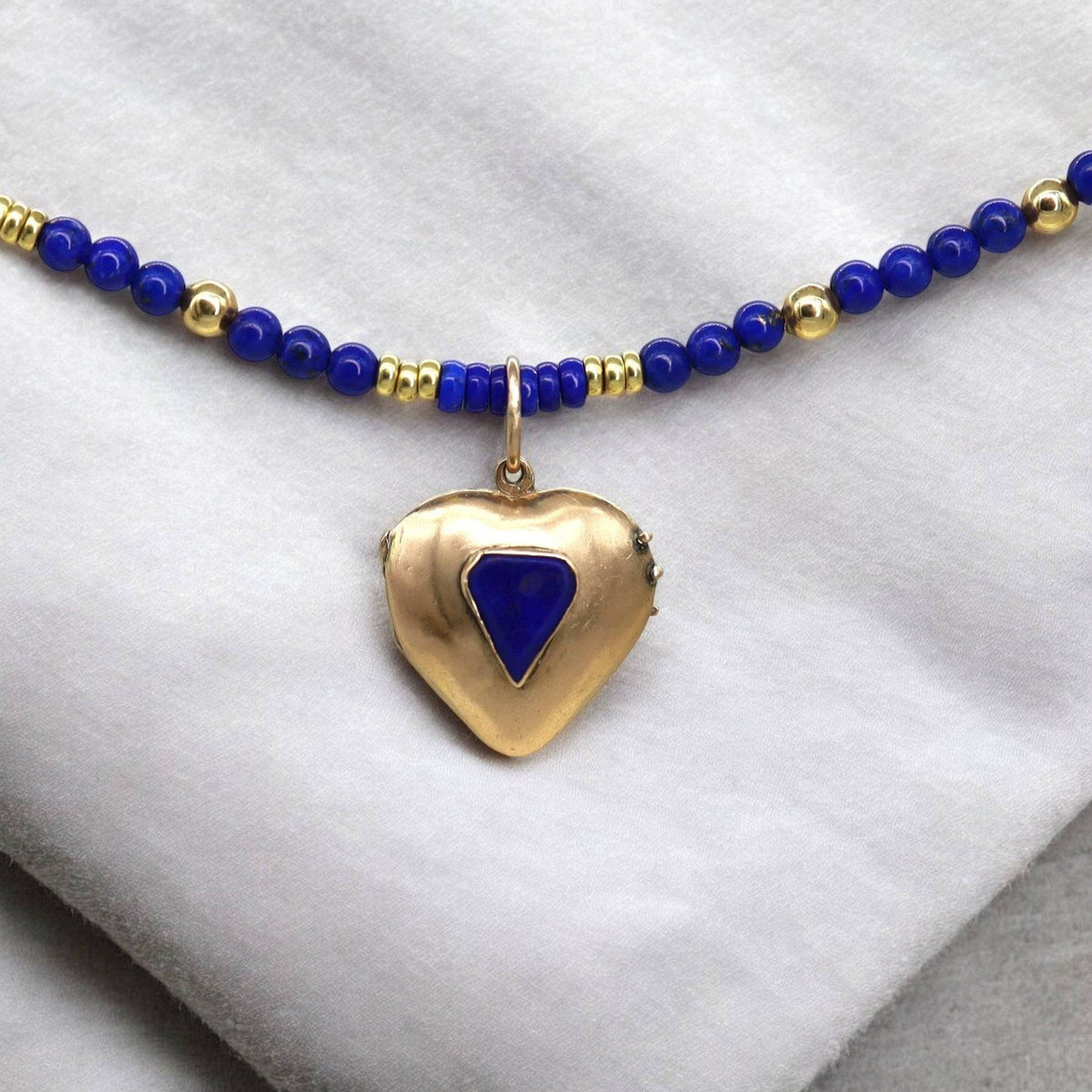 Victorian Puffy Heart Locket with Lapis 10K Pink Gold Beads - Petra Star