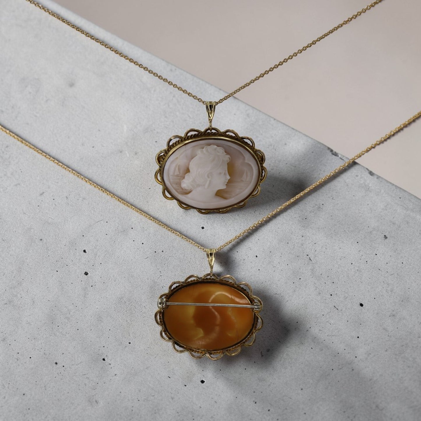 Victorian Gold Filled Shell Cameo Brooch Pendant with Nautical Scene - Petra Star