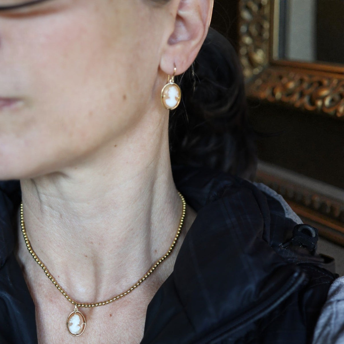 Victorian Shell Cameo Earrings, Ring & Pendant in 18k Yellow Gold - Petra Star