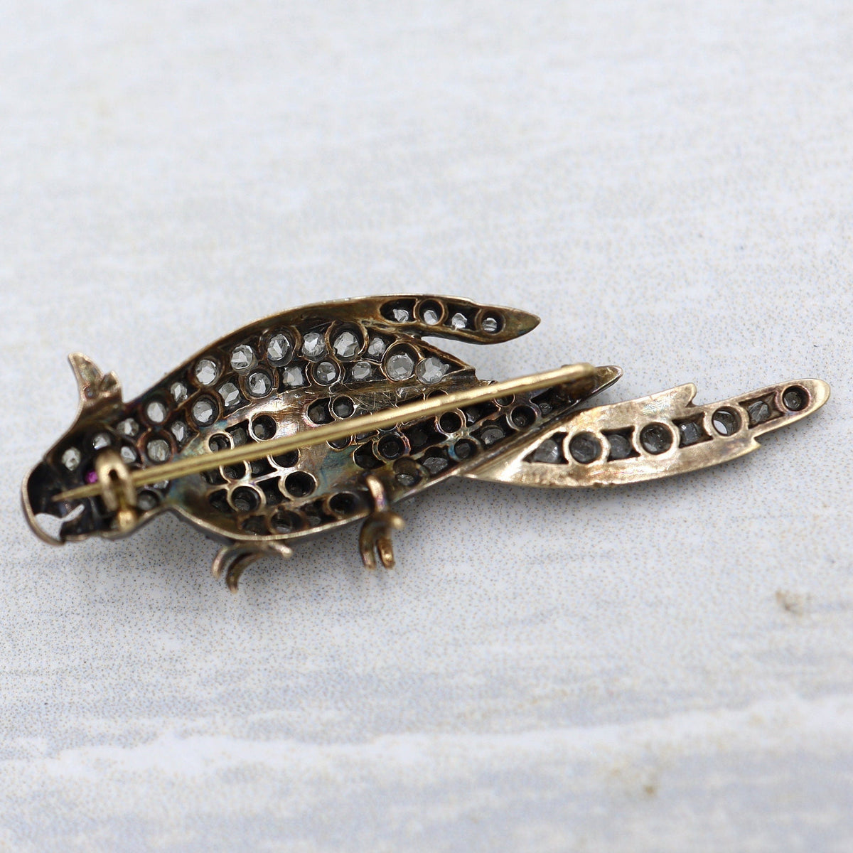 Victorian Silver-Over-Gold Bird Pendant | Rose Cut Diamonds & Ruby Eye | Circa 1850s - Petra Star
