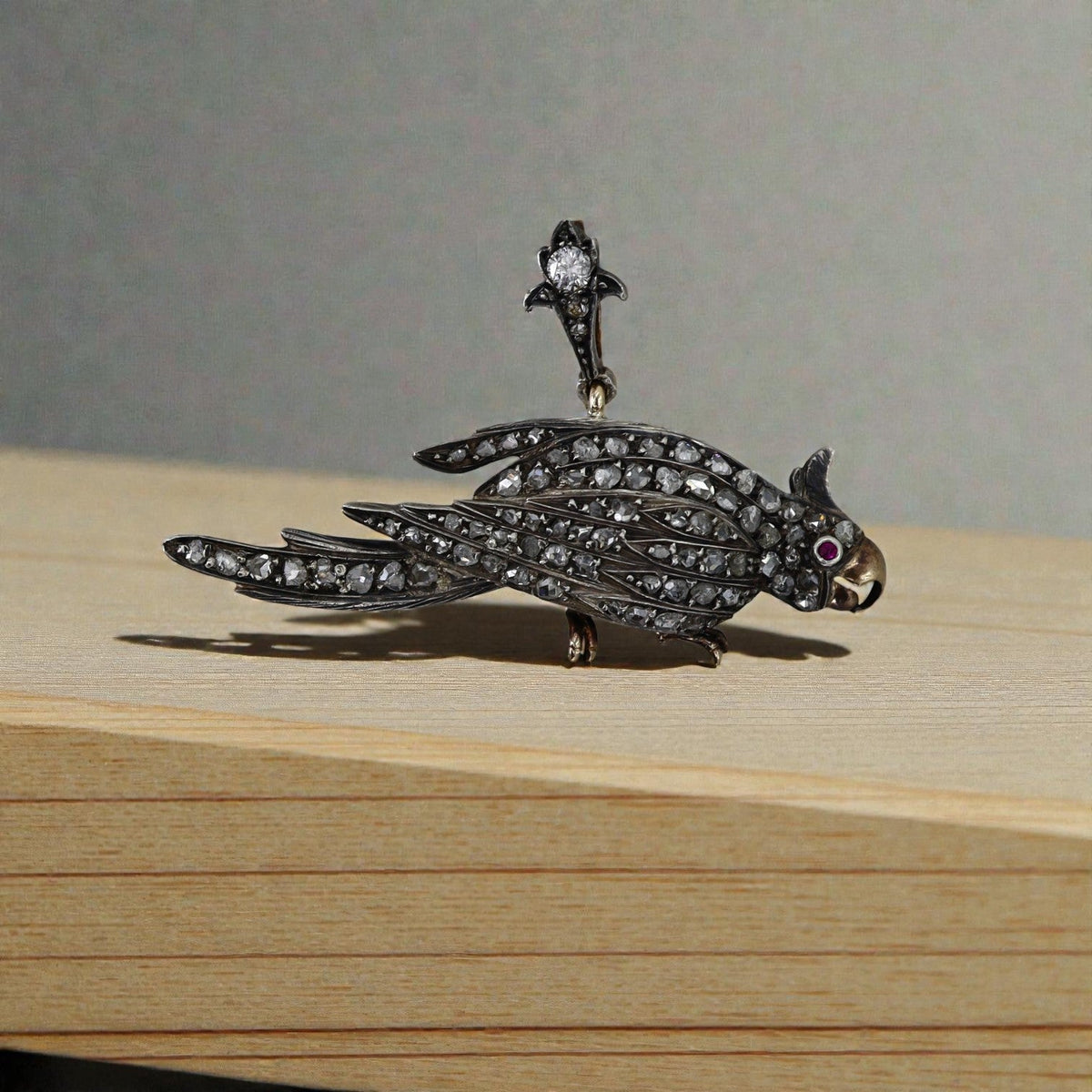 Victorian Silver-Over-Gold Bird Pendant | Rose Cut Diamonds & Ruby Eye | Circa 1850s - Petra Star