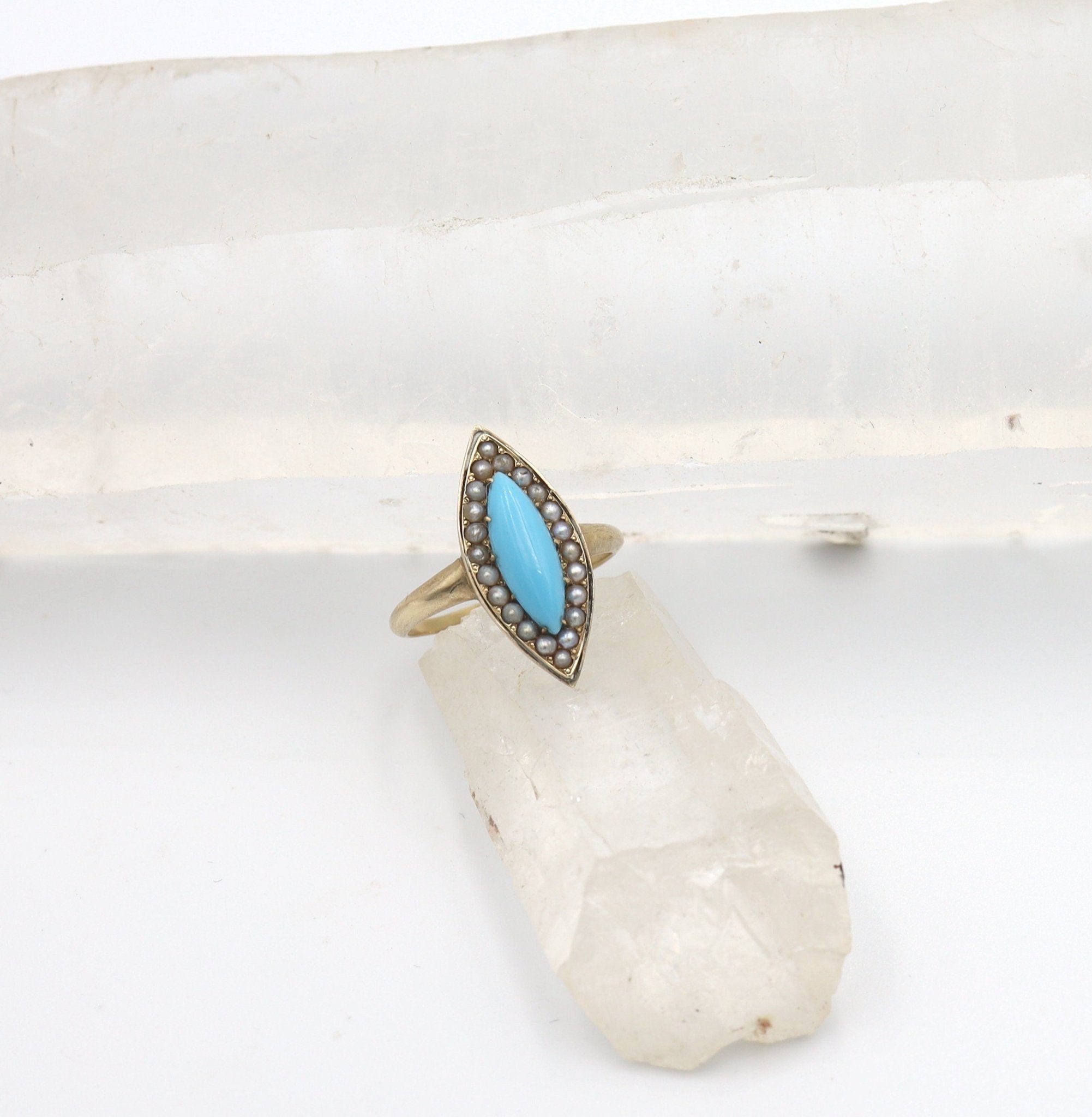 Victorian Turquoise & Pearl Navette Ring - Petra Star