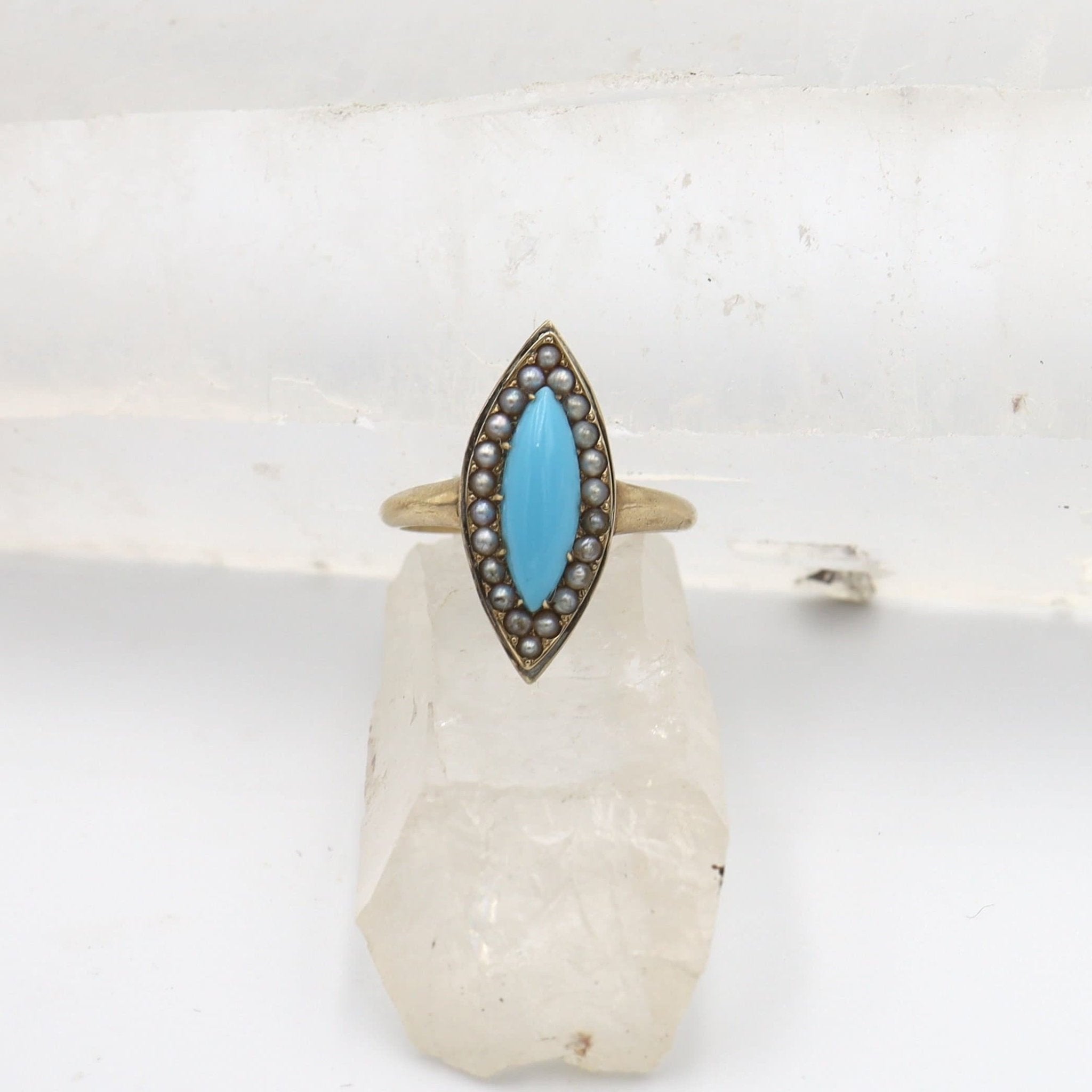 Victorian Turquoise & Pearl Navette Ring - Petra Star