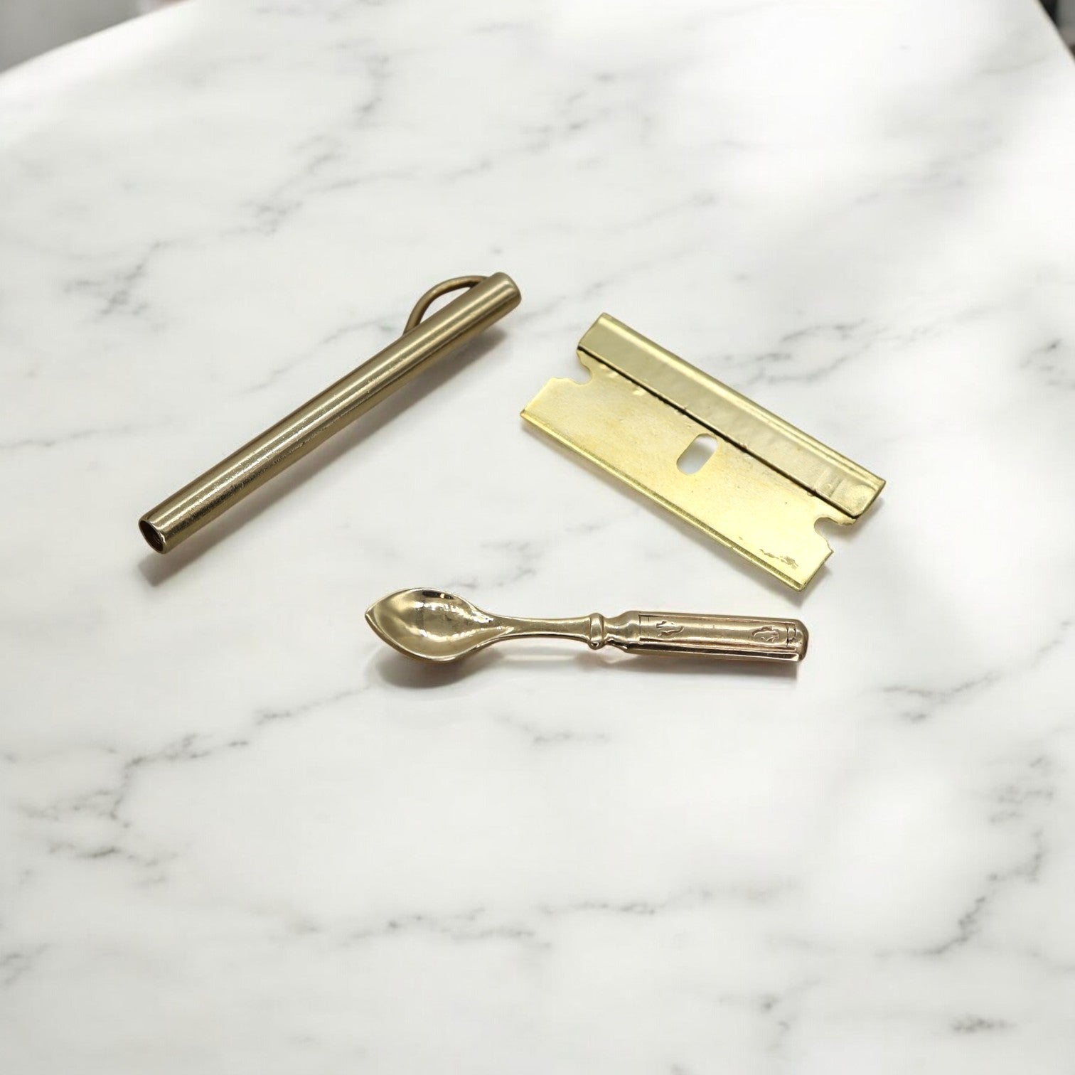 Vintage 14k Gold Mini Spoon, Razor & Straw Suite - Petra Star