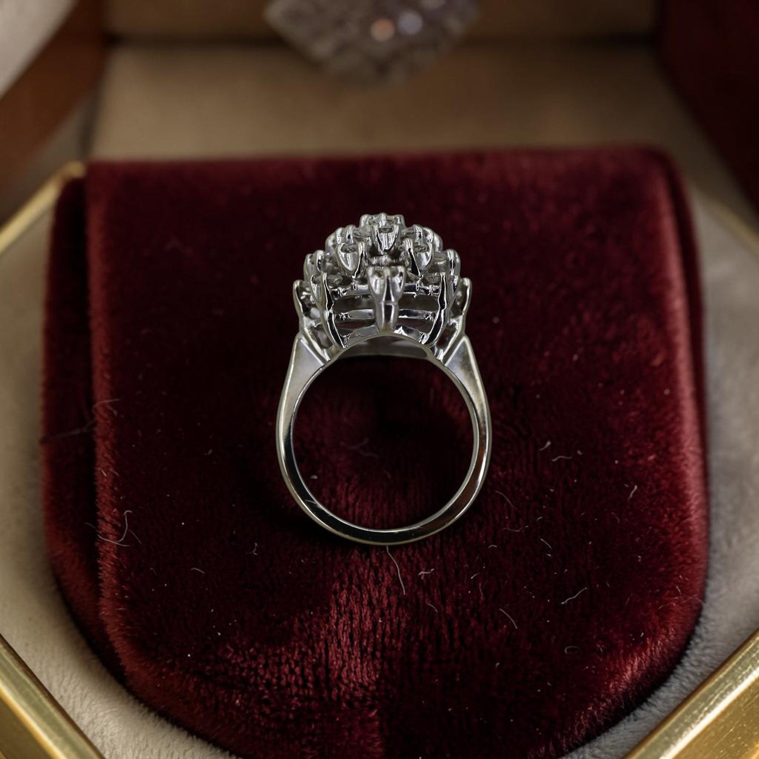 Vintage 14K white gold diamond cocktail ring with a high dome design and 1.85 CTW cluster of diamonds.