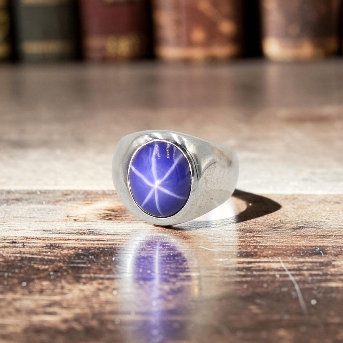 Vintage 14K White Gold Synthetic Star Sapphire Signet Ring — Unisex, Circa 1970s - Petra StarRing