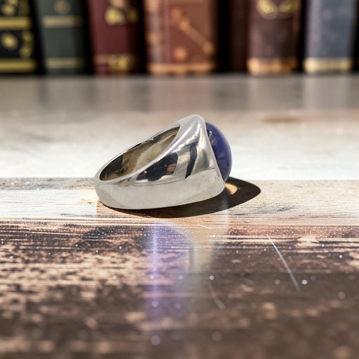 Vintage 14K White Gold Synthetic Star Sapphire Signet Ring — Unisex, Circa 1970s - Petra StarRing