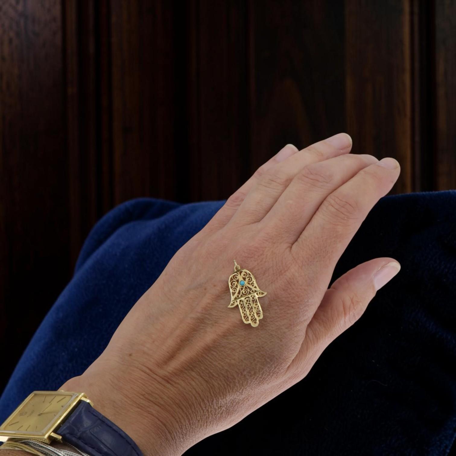 Vintage 14k Yellow Gold Hamsa Turquoise Charm | 1960s-80s Hand of Fatima Pendant - Petra Star