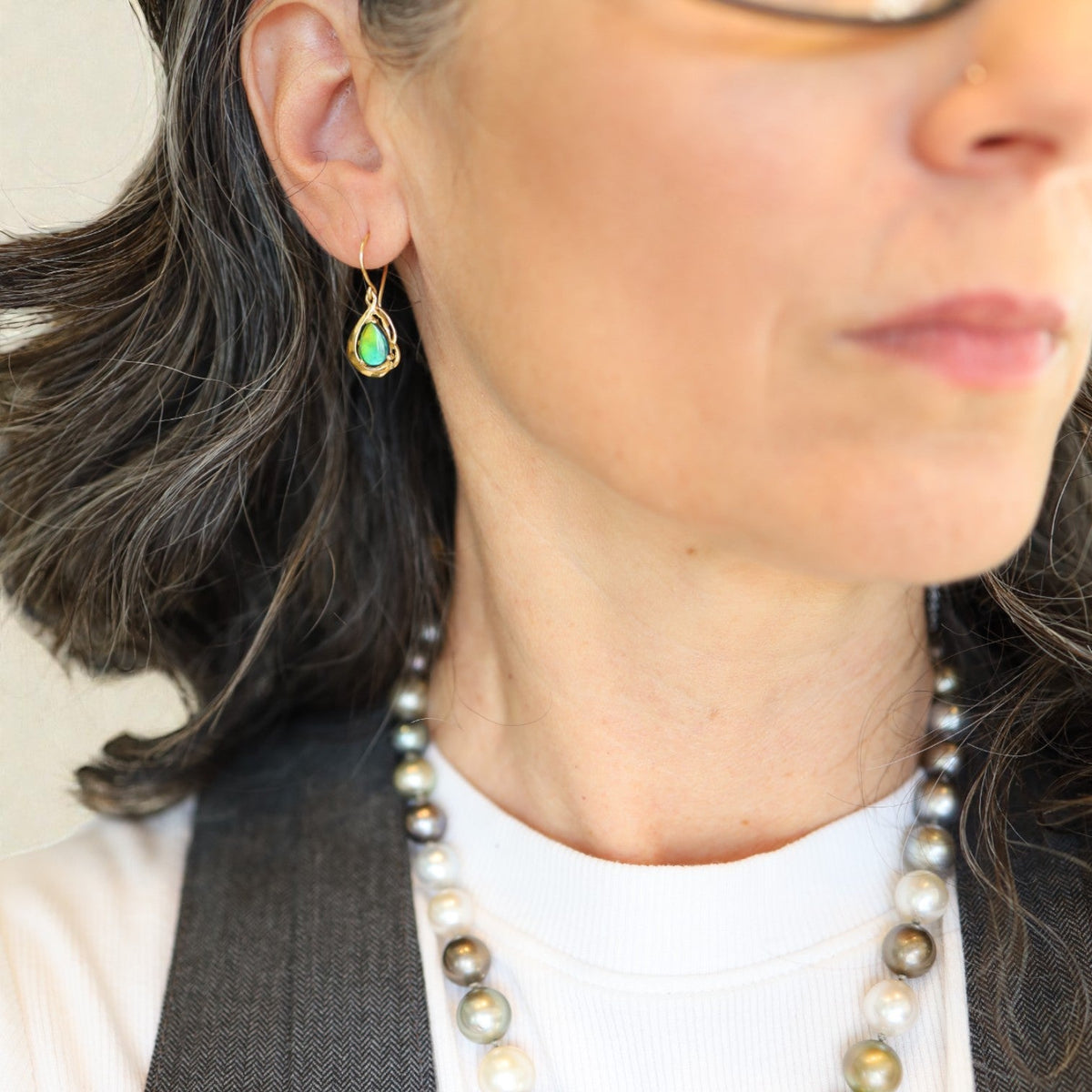 Vintage 18k Yellow Gold Opal Doublet Drop Earrings—Contemporary Design - Petra Star