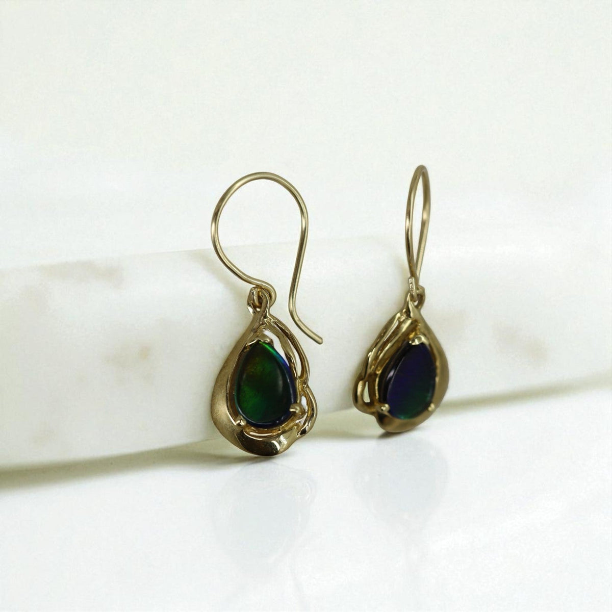 Vintage 18k Yellow Gold Opal Doublet Drop Earrings—Contemporary Design - Petra Star
