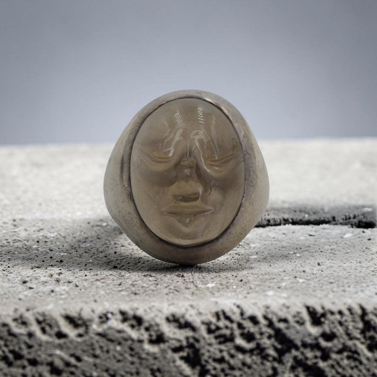Vintage 1970s Mexican Sterling Silver Smoky Quartz Carved Face Ring — Size 9 - Petra StarRing