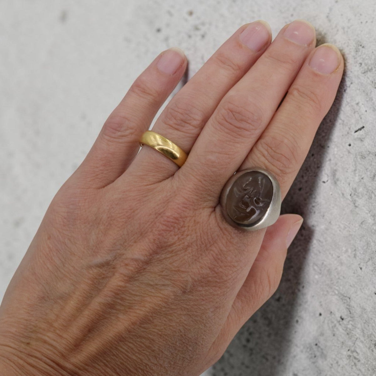 Vintage 1970s Mexican Sterling Silver Smoky Quartz Carved Face Ring — Size 9 - Petra StarRing