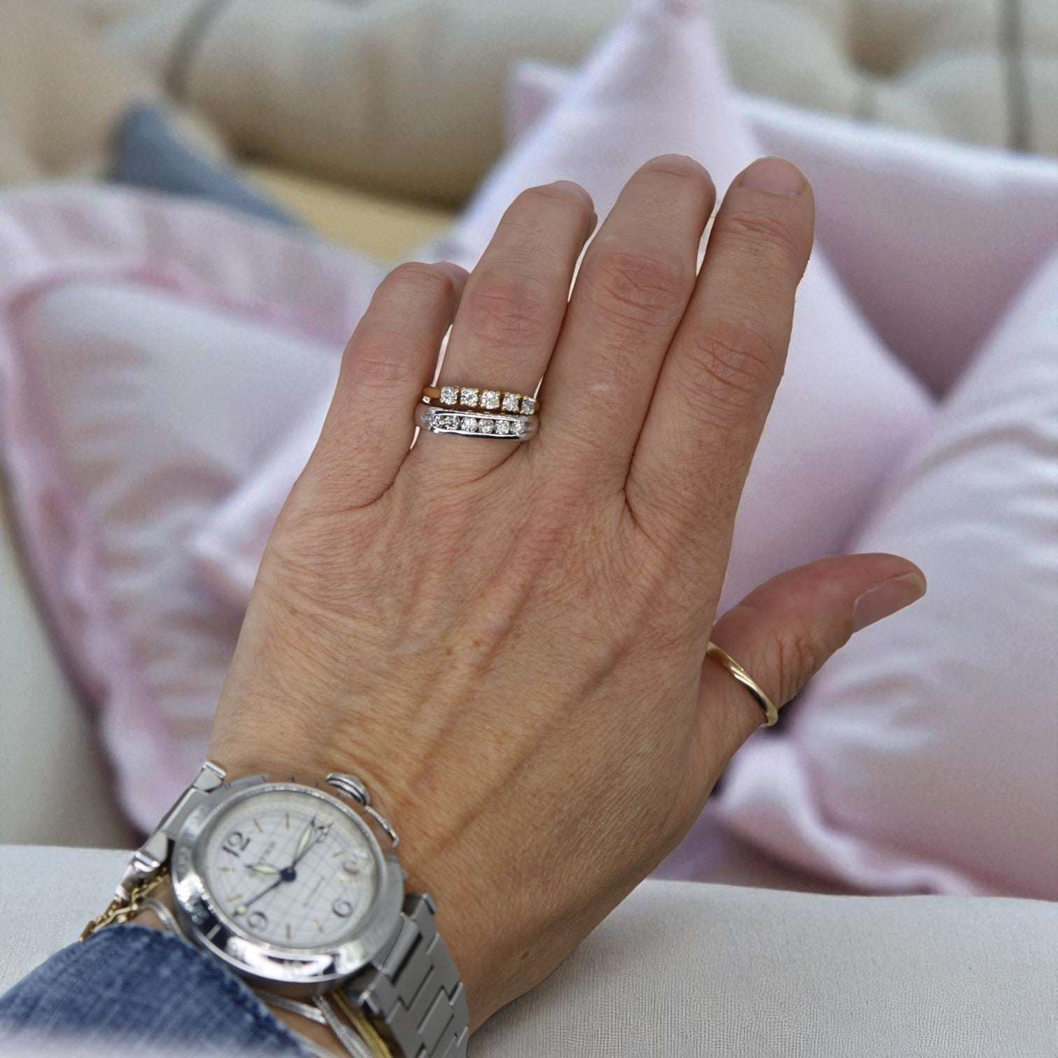 Vintage 1990s 14k Yellow Gold Half-Diamond Band - Petra Star