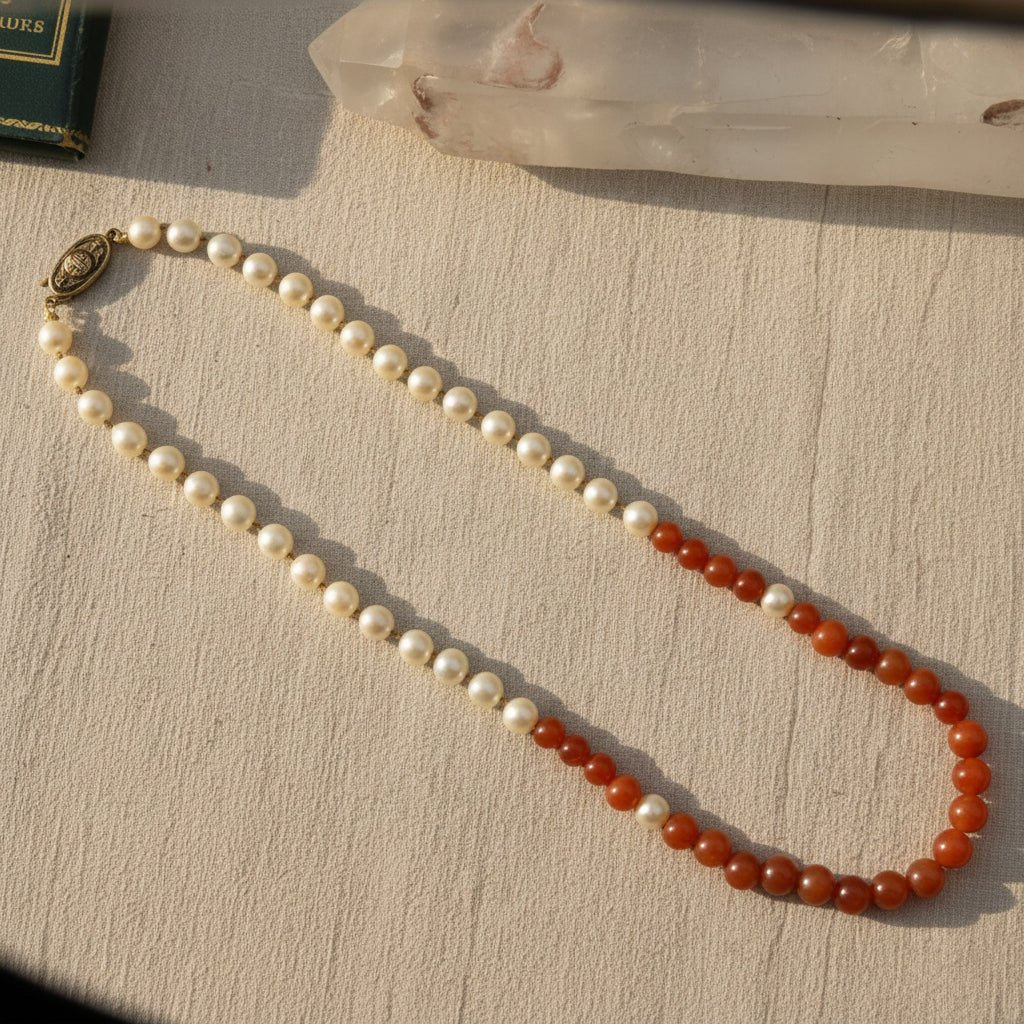 Vintage Carnelian and Pearl Necklace 21" Length - Petra Star